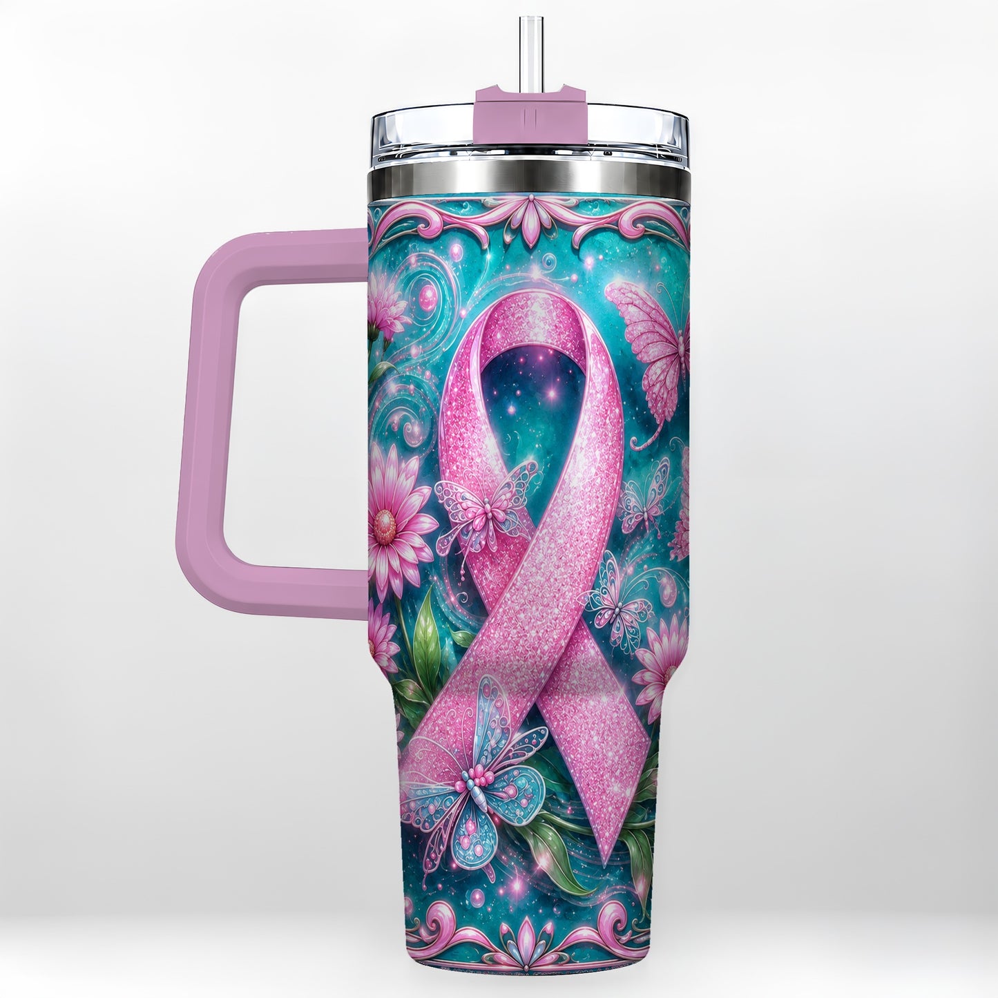 #pl[40oz|Pink] Awareness Ribbon Butterfly 40oz Tumbler with Handle, Stainless Steel Cup
