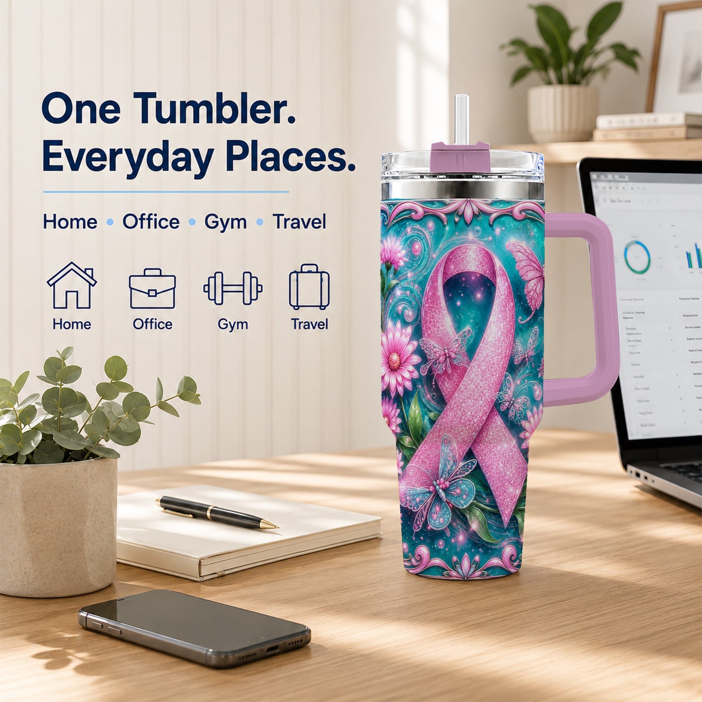 #pl[40oz|Pink] Awareness Ribbon Butterfly 40oz Tumbler with Handle, Stainless Steel Cup