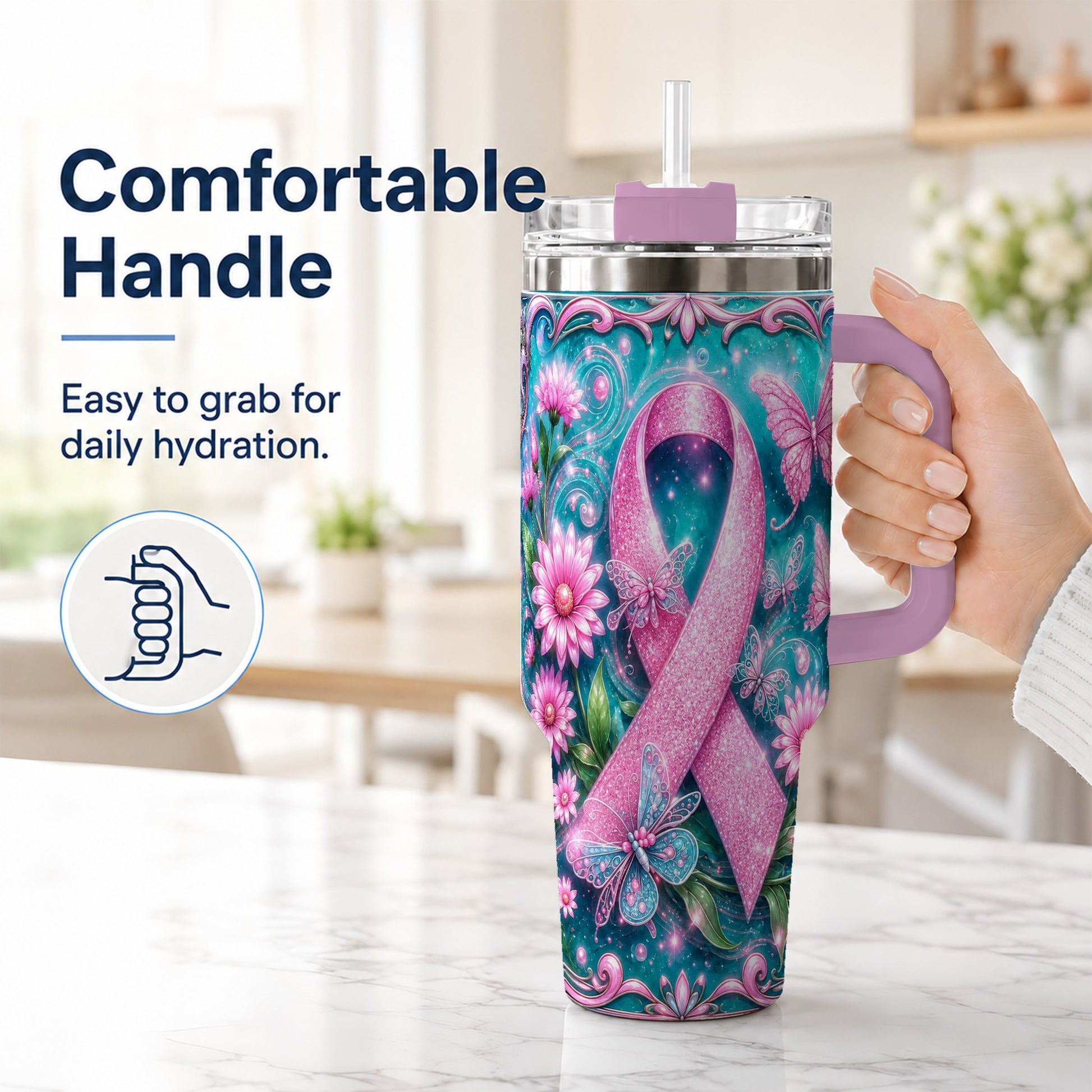 #pl[40oz|Pink] Awareness Ribbon Butterfly 40oz Tumbler with Handle, Stainless Steel Cup