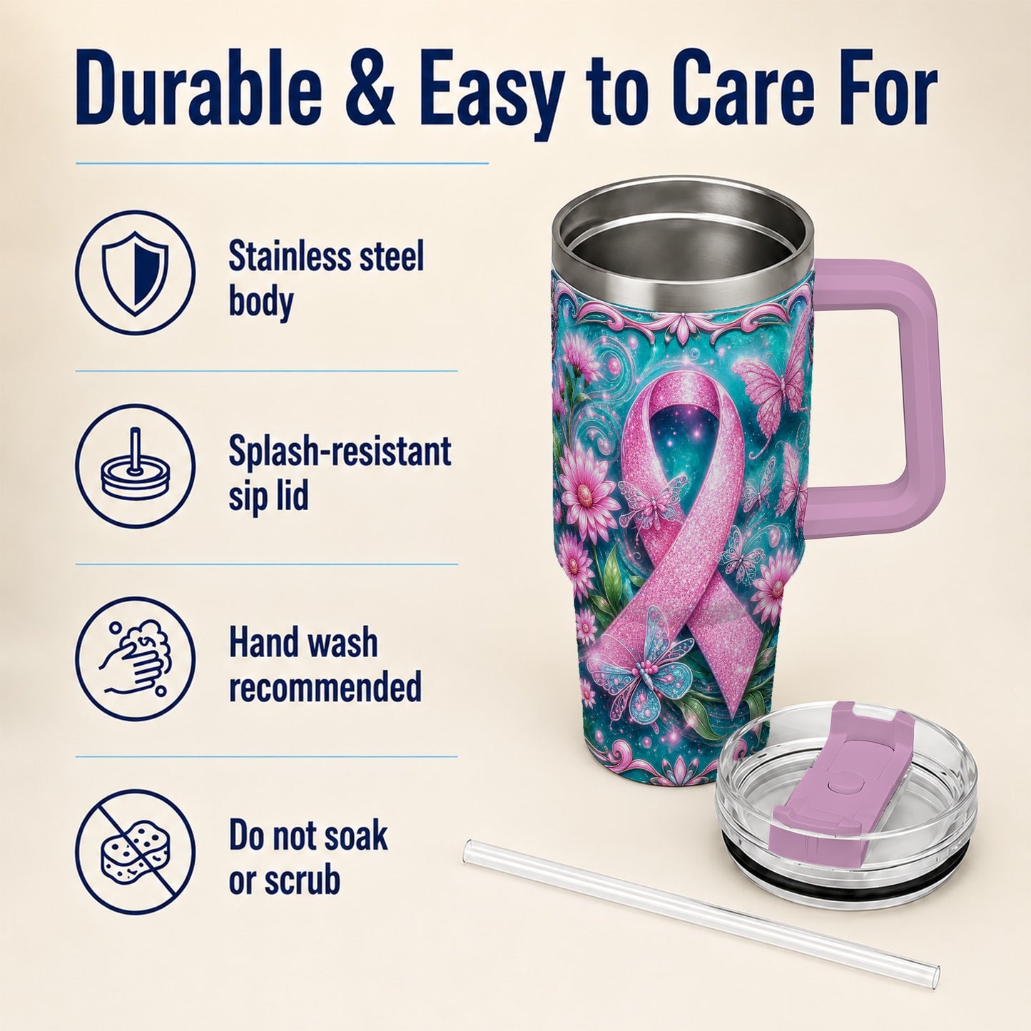 #pl[40oz|Pink] Awareness Ribbon Butterfly 40oz Tumbler with Handle, Stainless Steel Cup