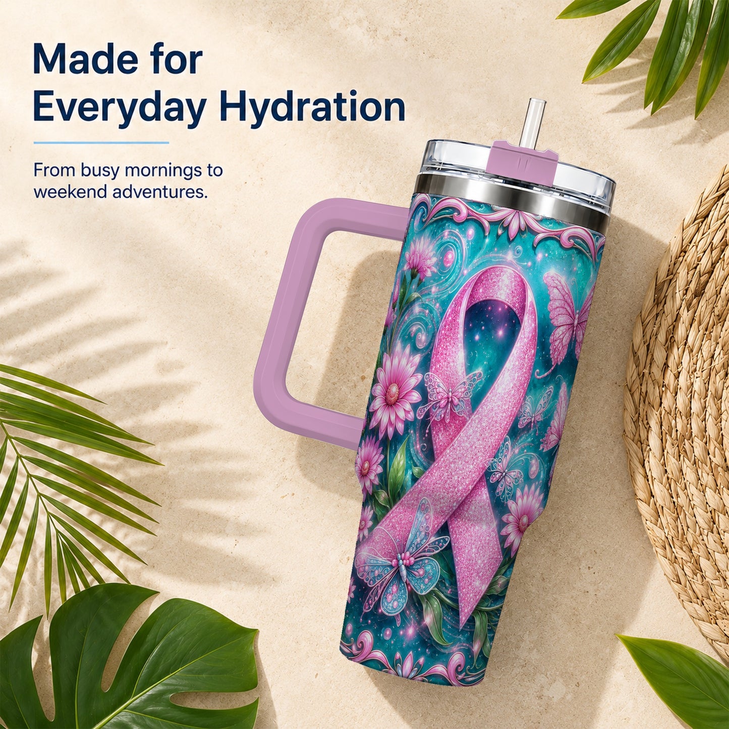 #pl[40oz|Pink] Awareness Ribbon Butterfly 40oz Tumbler with Handle, Stainless Steel Cup