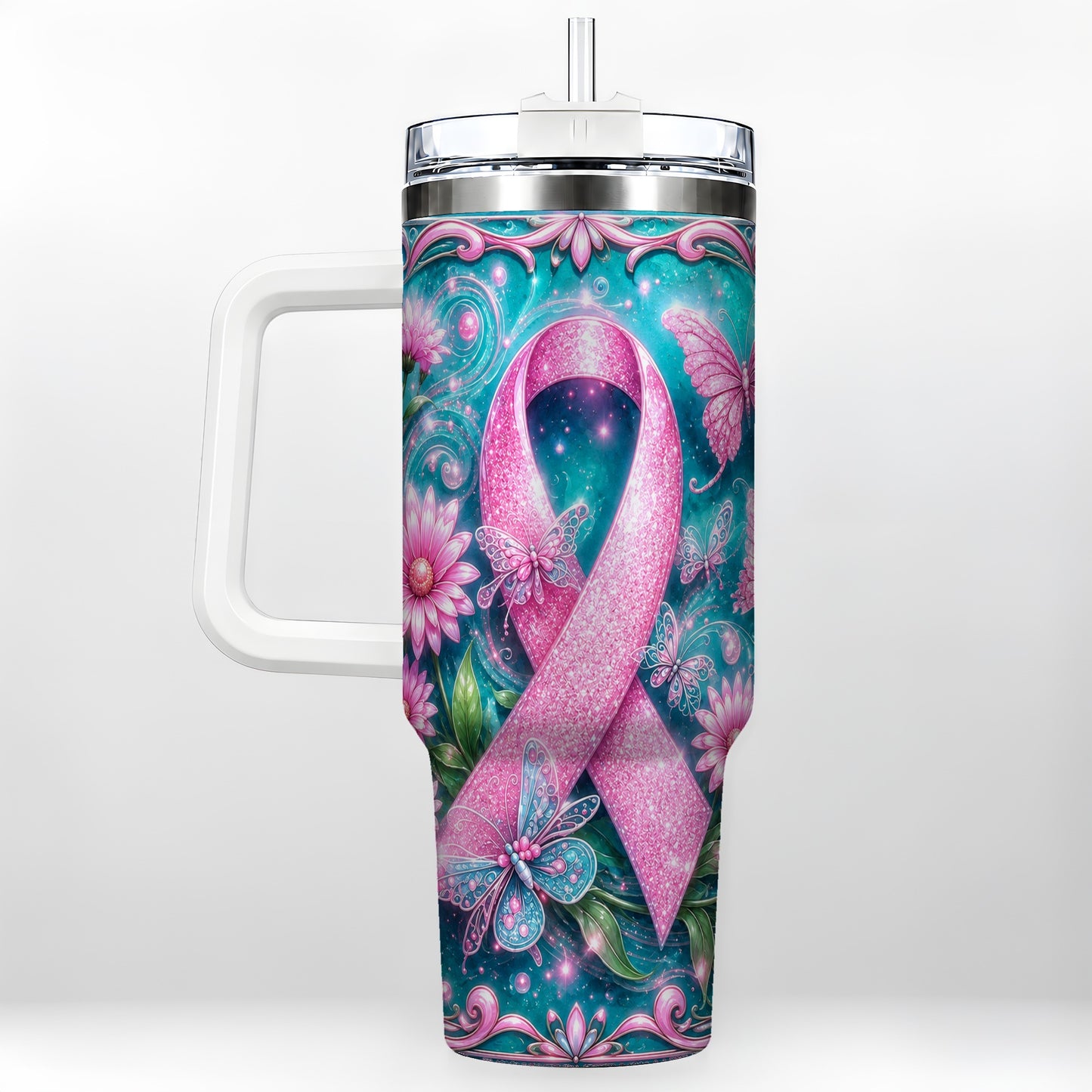 #pl[40oz|White] Awareness Ribbon Butterfly 40oz Tumbler with Handle, Stainless Steel Cup