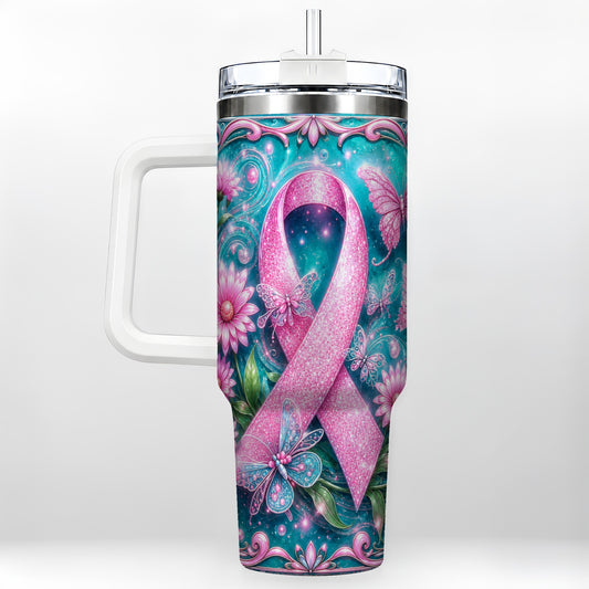 #pl[40oz|White] Awareness Ribbon Butterfly 40oz Tumbler with Handle, Stainless Steel Cup
