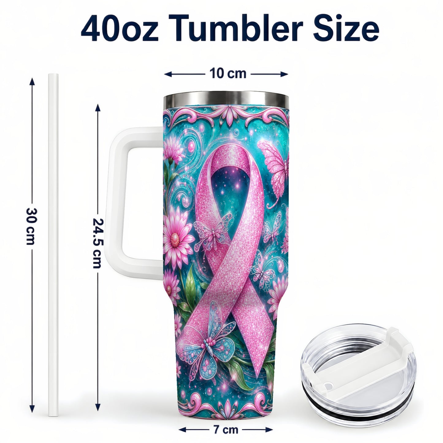 #pl[40oz|White] Awareness Ribbon Butterfly 40oz Tumbler with Handle, Stainless Steel Cup