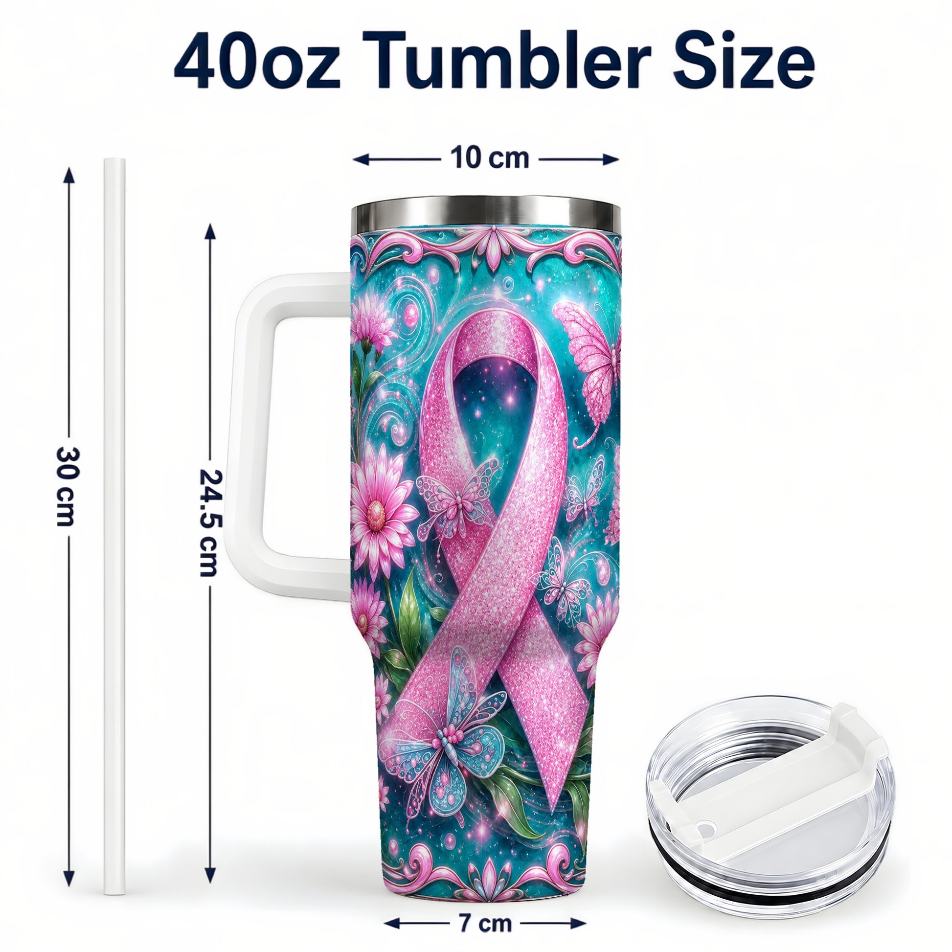 #pl[40oz|White] Awareness Ribbon Butterfly 40oz Tumbler with Handle, Stainless Steel Cup
