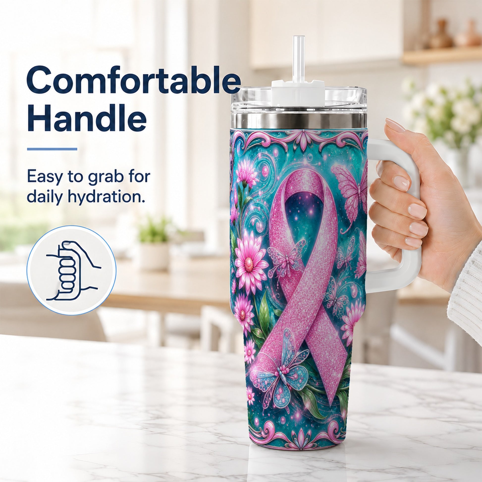 #pl[40oz|White] Awareness Ribbon Butterfly 40oz Tumbler with Handle, Stainless Steel Cup