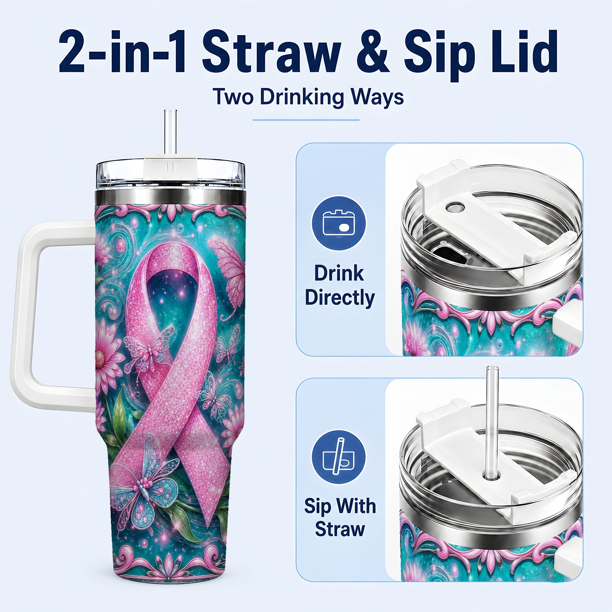 #pl[40oz|White] Awareness Ribbon Butterfly 40oz Tumbler with Handle, Stainless Steel Cup