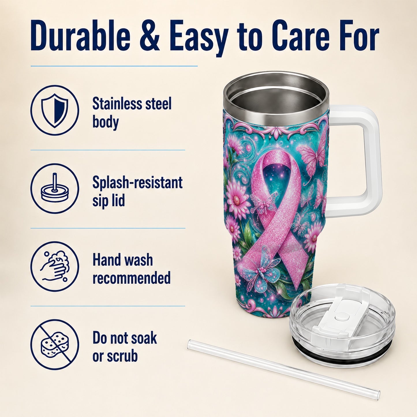 #pl[40oz|White] Awareness Ribbon Butterfly 40oz Tumbler with Handle, Stainless Steel Cup