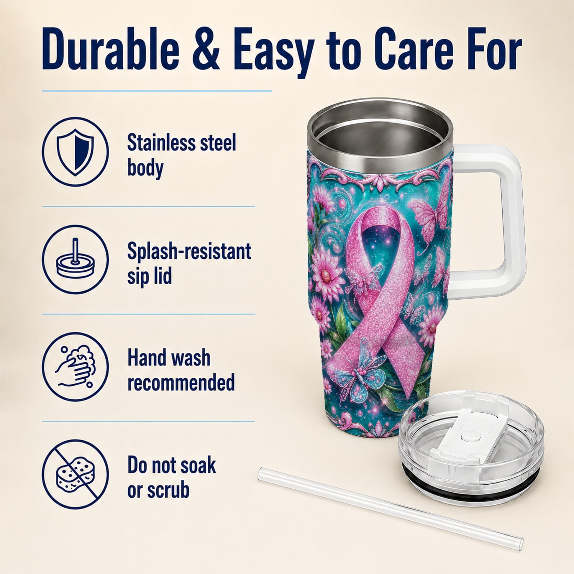 #pl[40oz|White] Awareness Ribbon Butterfly 40oz Tumbler with Handle, Stainless Steel Cup