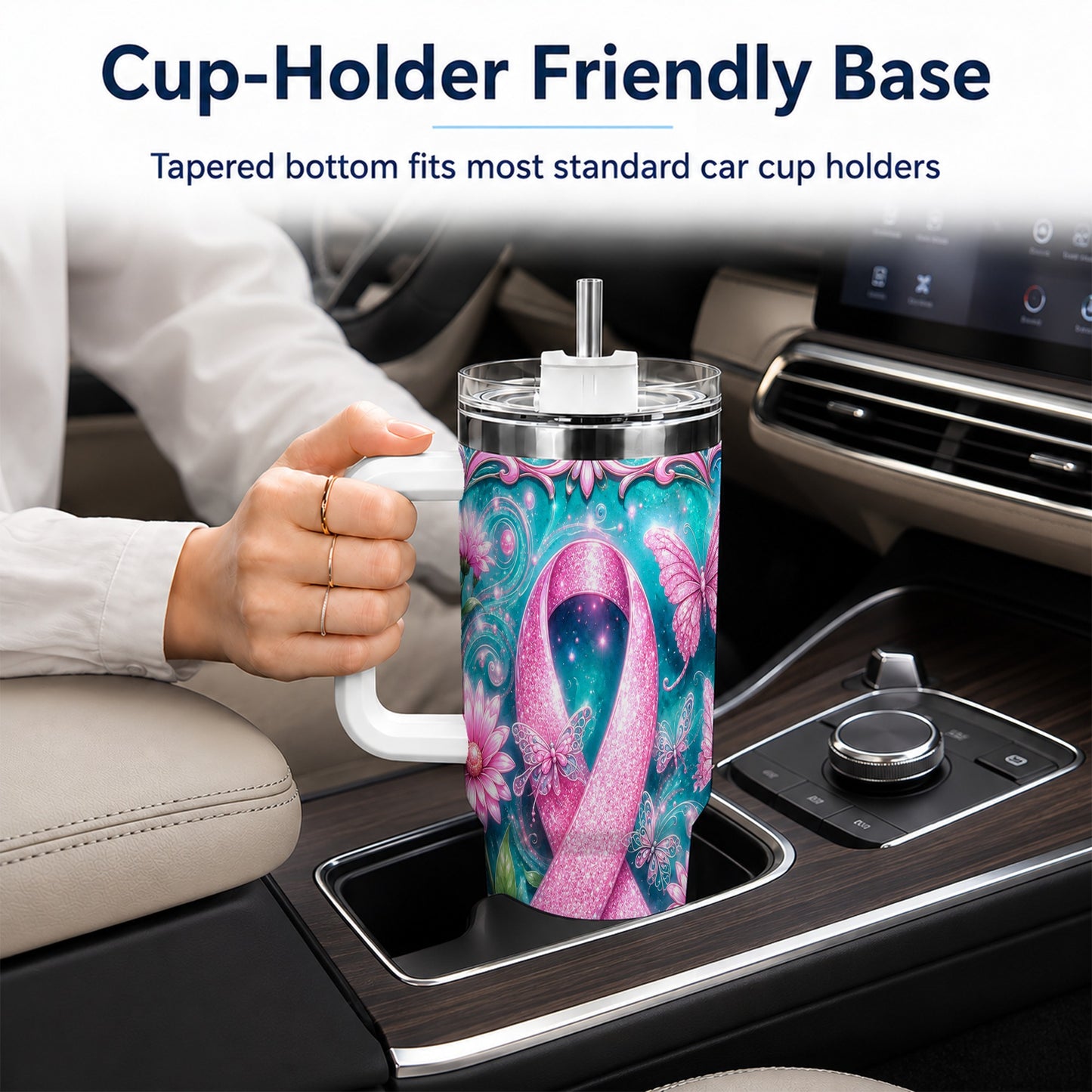 #pl[40oz|White] Awareness Ribbon Butterfly 40oz Tumbler with Handle, Stainless Steel Cup