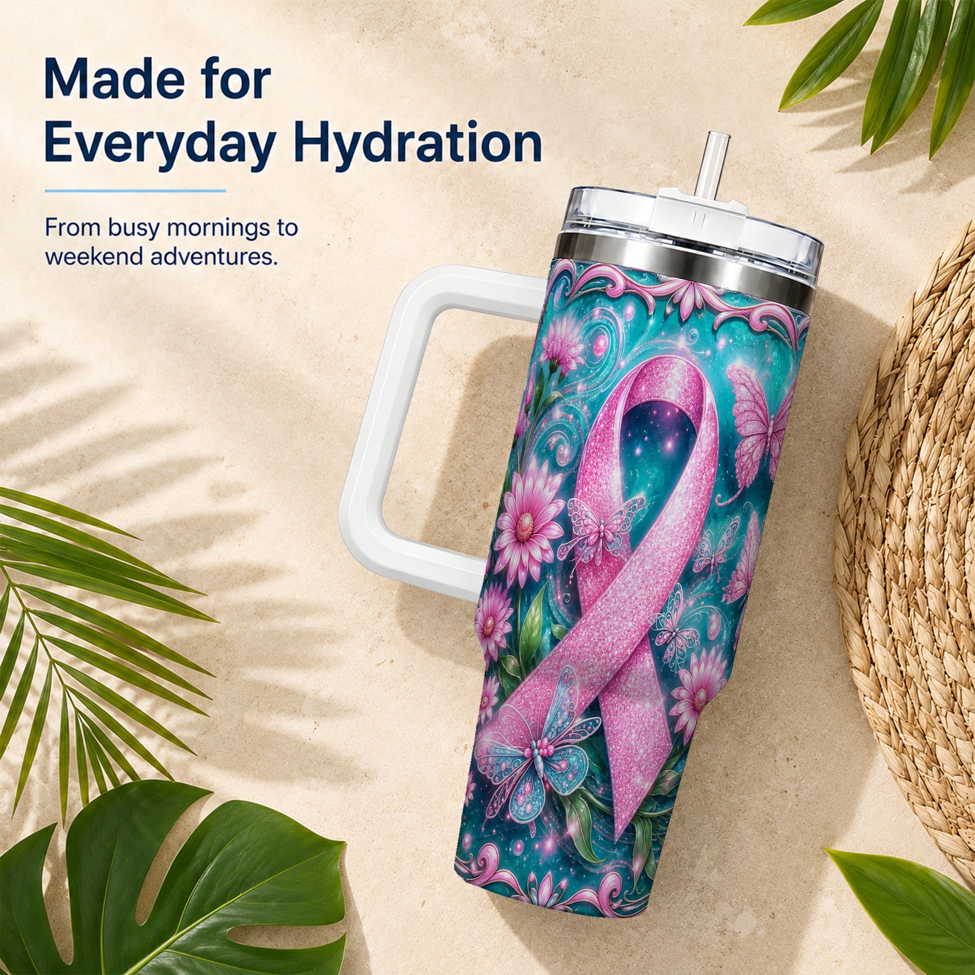 #pl[40oz|White] Awareness Ribbon Butterfly 40oz Tumbler with Handle, Stainless Steel Cup