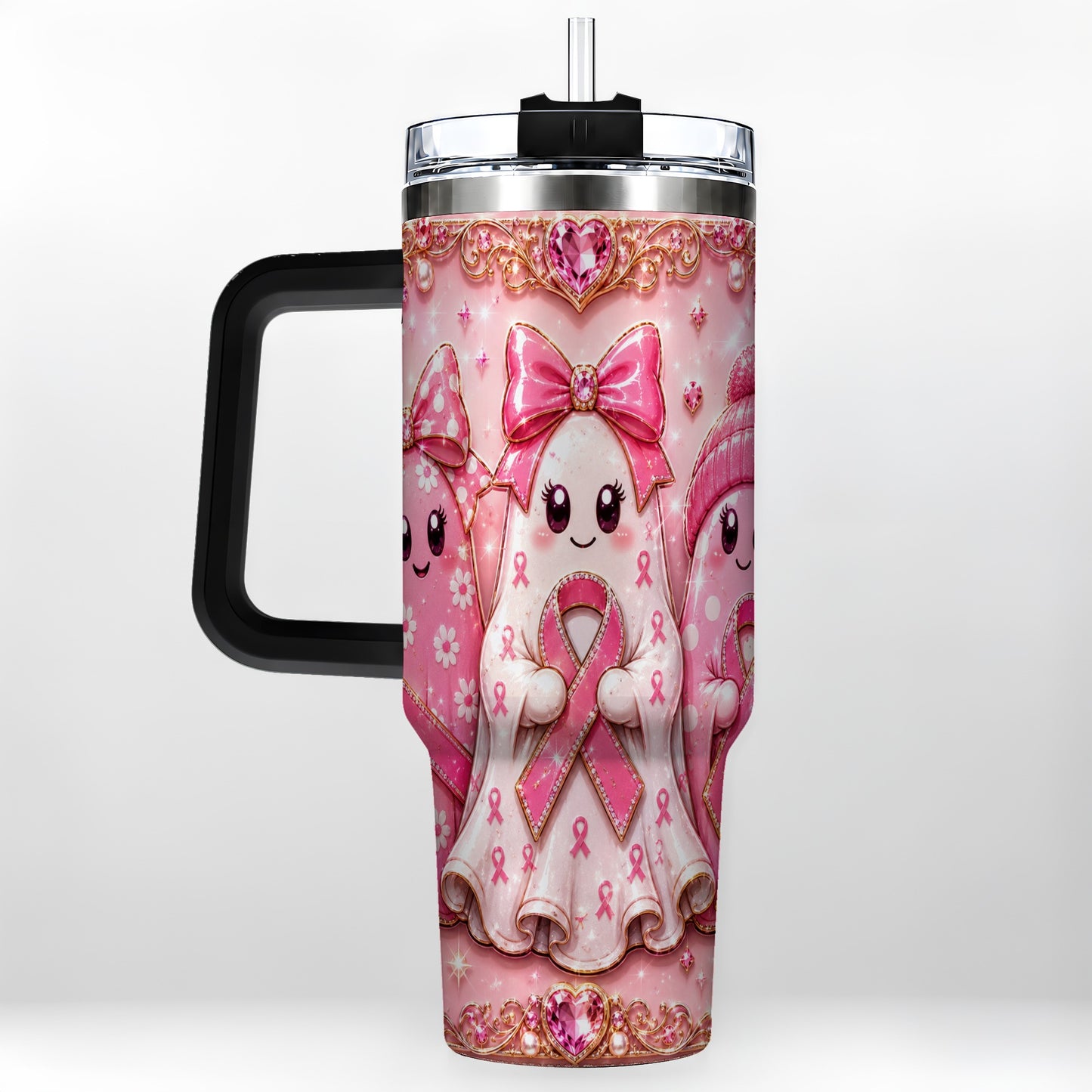 #pl[40oz|Black] Awareness Ribbon Ghost Trio 40oz Tumbler with Handle, Stainless Steel Cup