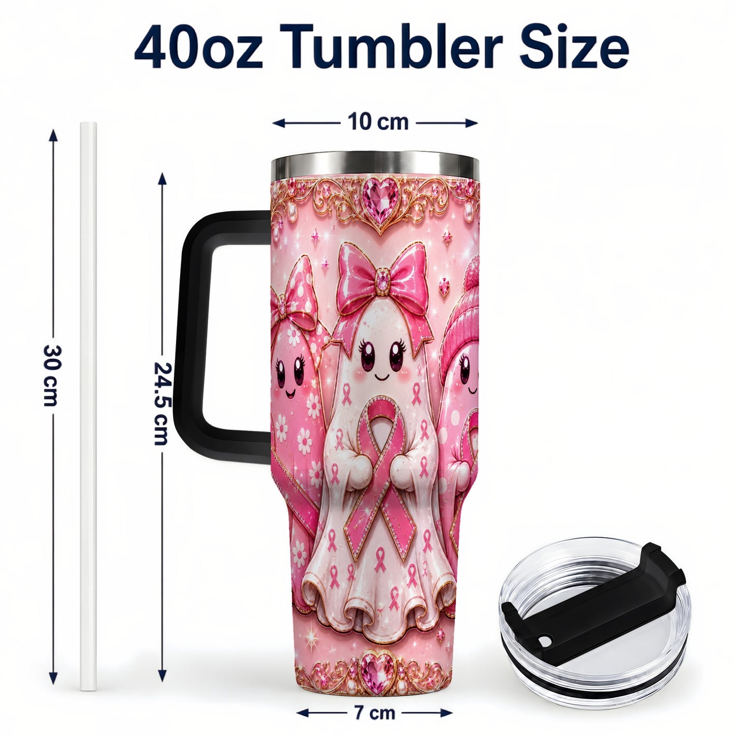 #pl[40oz|Black] Awareness Ribbon Ghost Trio 40oz Tumbler with Handle, Stainless Steel Cup