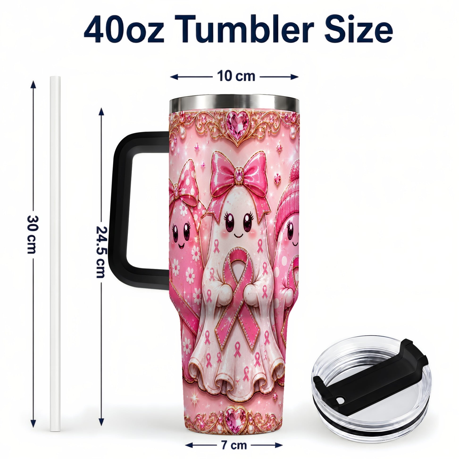#pl[40oz|Black] Awareness Ribbon Ghost Trio 40oz Tumbler with Handle, Stainless Steel Cup