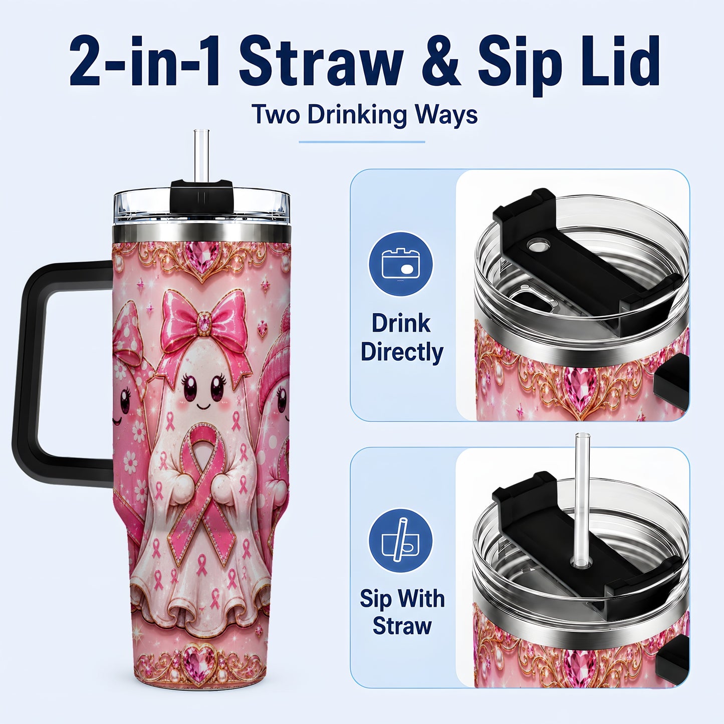 #pl[40oz|Black] Awareness Ribbon Ghost Trio 40oz Tumbler with Handle, Stainless Steel Cup