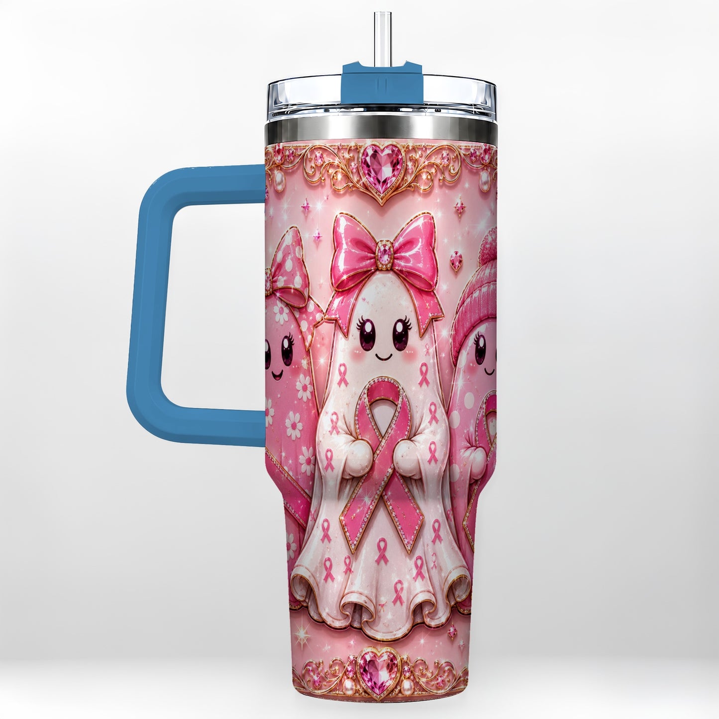 #pl[40oz|Blue] Awareness Ribbon Ghost Trio 40oz Tumbler with Handle, Stainless Steel Cup