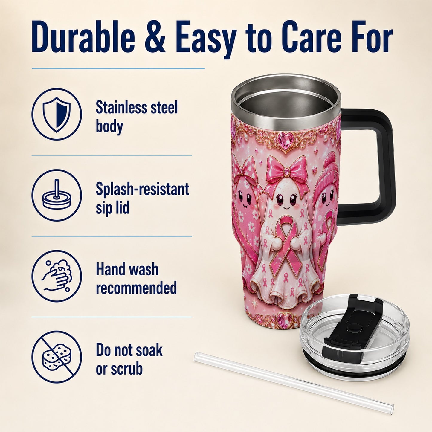 #pl[40oz|Black] Awareness Ribbon Ghost Trio 40oz Tumbler with Handle, Stainless Steel Cup