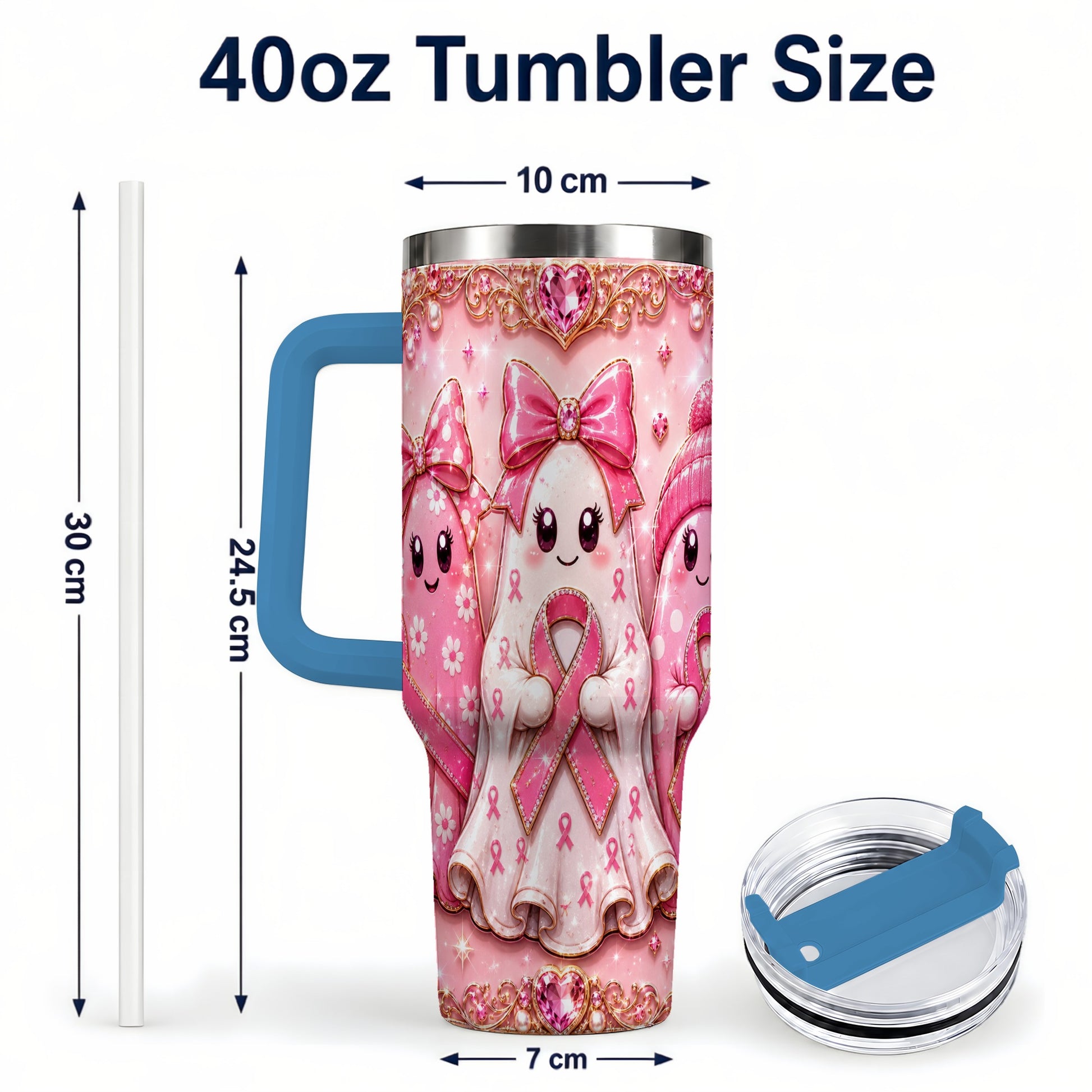 #pl[40oz|Blue] Awareness Ribbon Ghost Trio 40oz Tumbler with Handle, Stainless Steel Cup