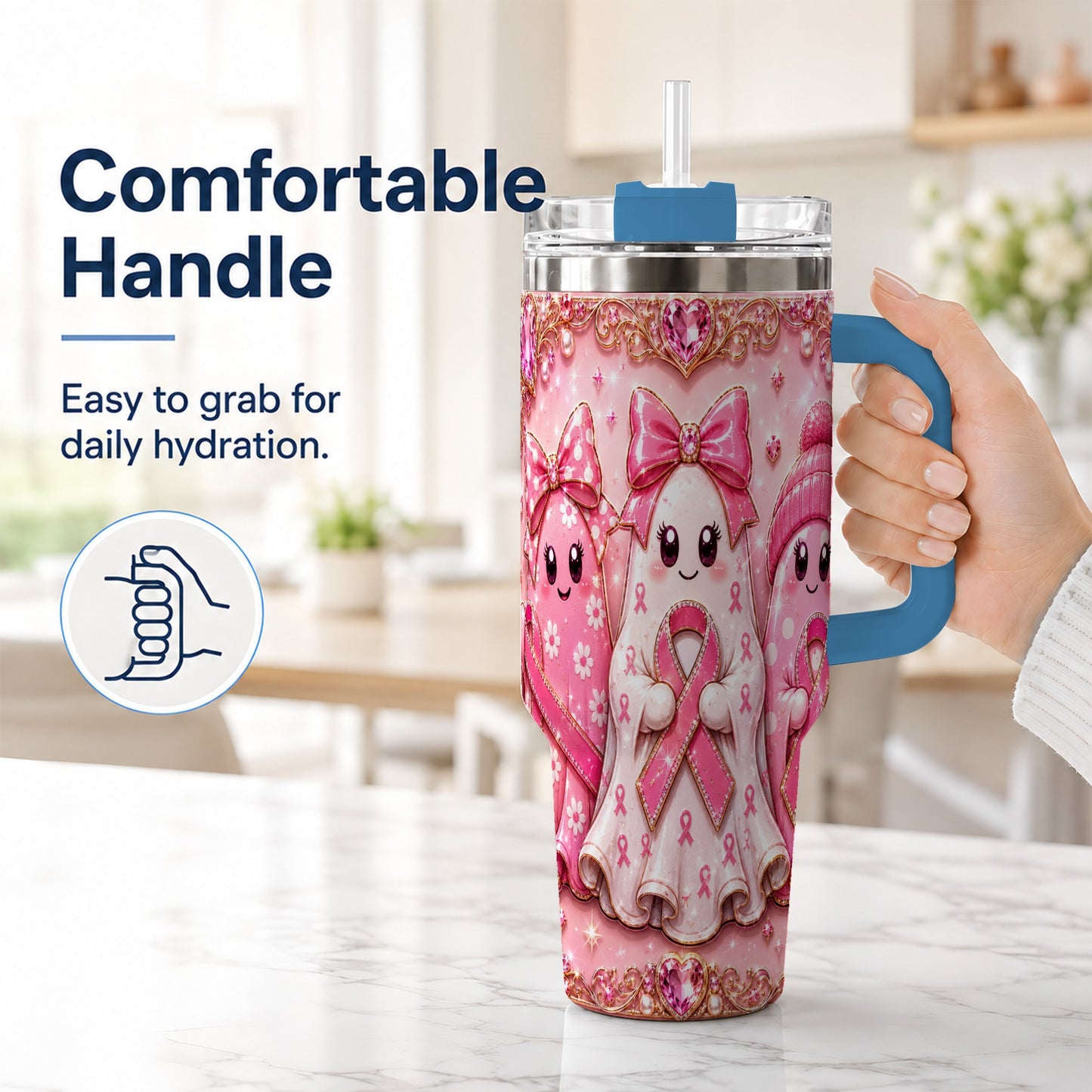 #pl[40oz|Blue] Awareness Ribbon Ghost Trio 40oz Tumbler with Handle, Stainless Steel Cup