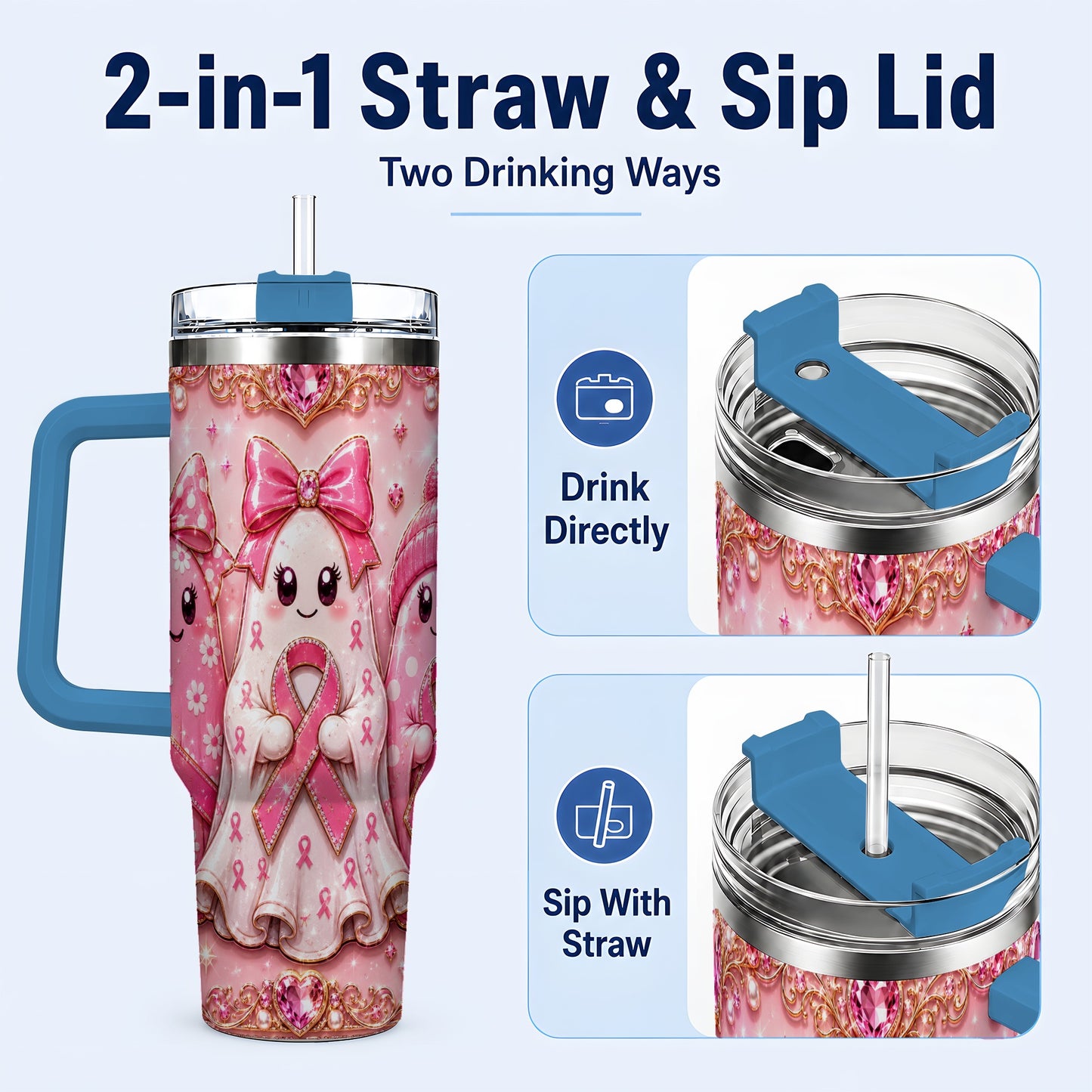 #pl[40oz|Blue] Awareness Ribbon Ghost Trio 40oz Tumbler with Handle, Stainless Steel Cup