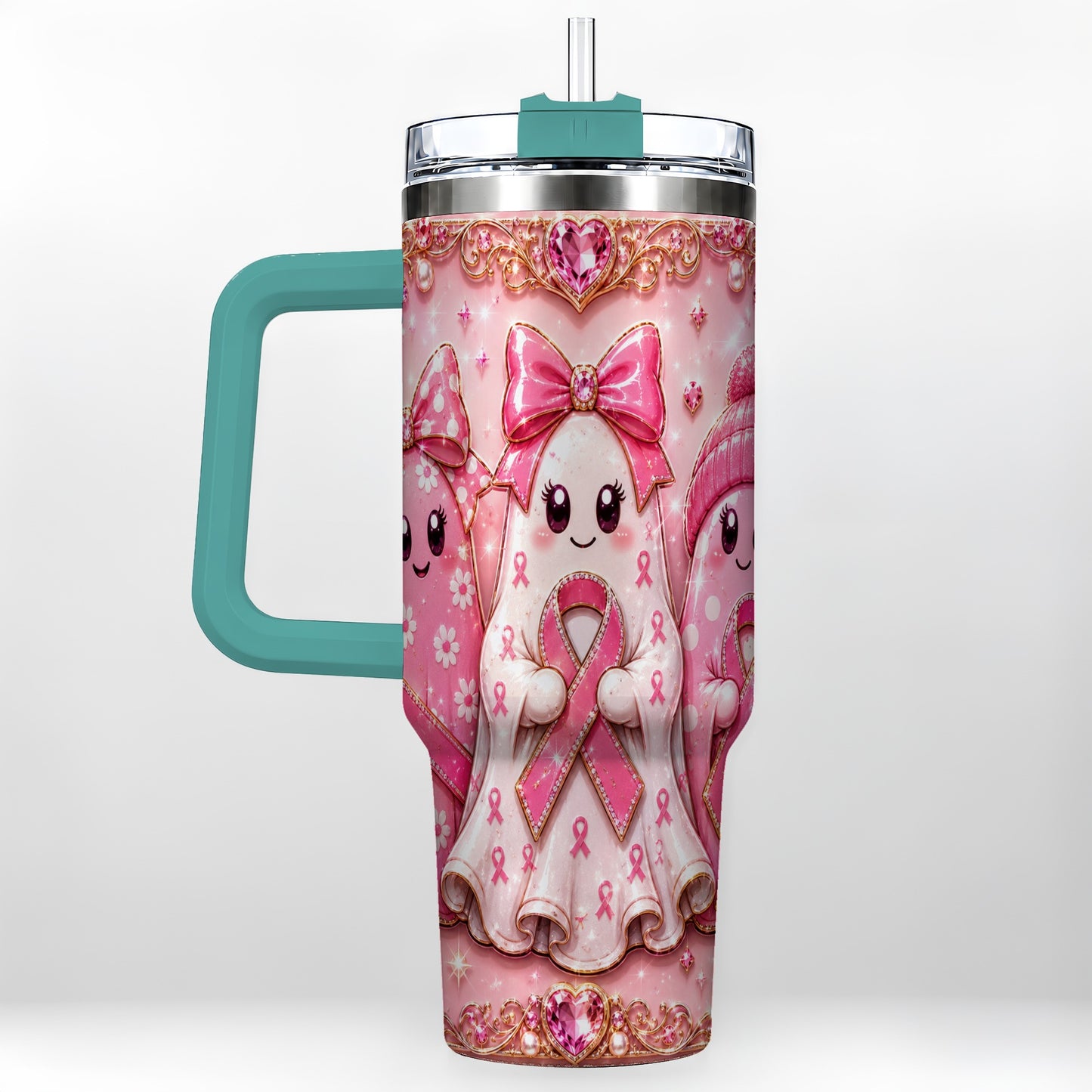 #pl[40oz|Green] Awareness Ribbon Ghost Trio 40oz Tumbler with Handle, Stainless Steel Cup