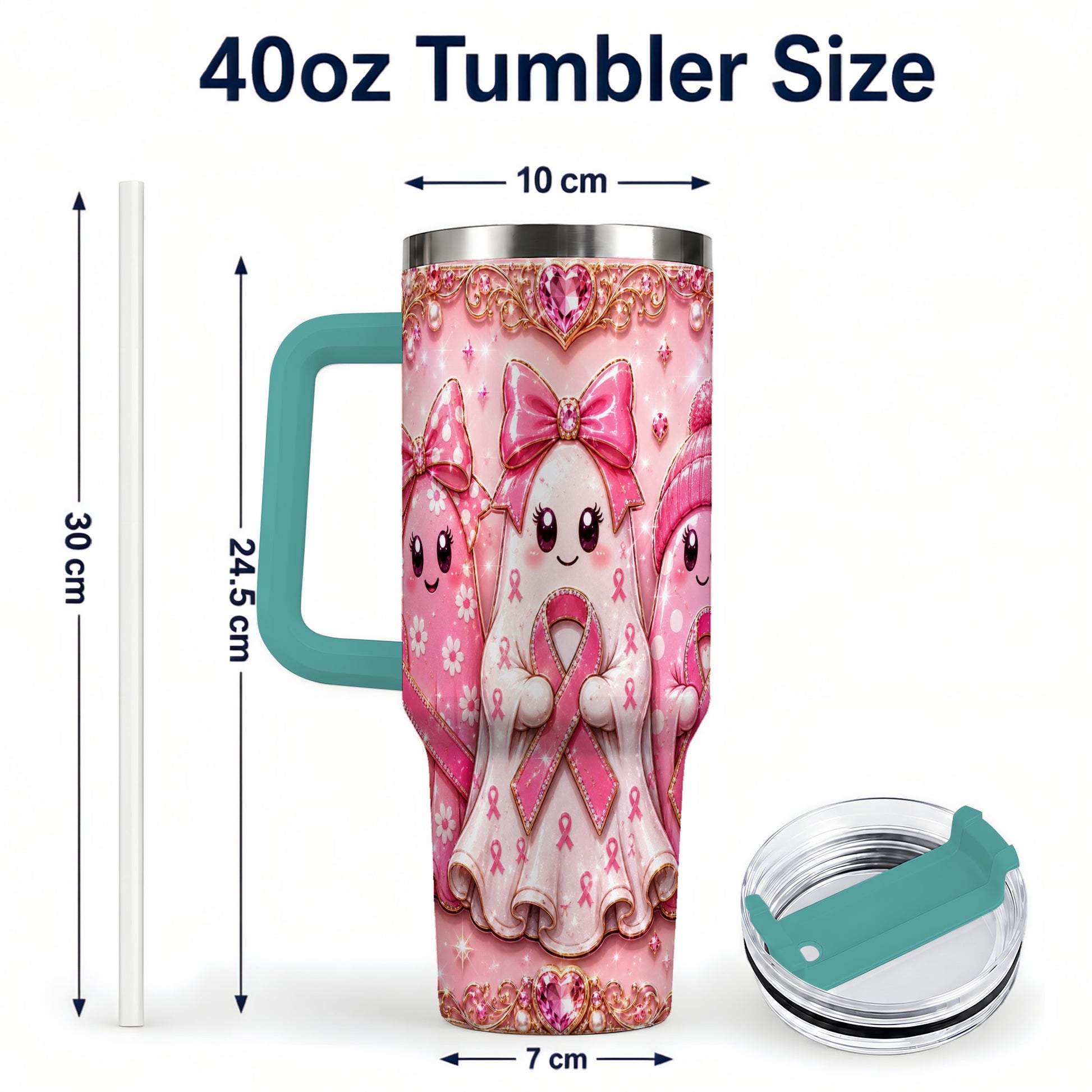 #pl[40oz|Green] Awareness Ribbon Ghost Trio 40oz Tumbler with Handle, Stainless Steel Cup