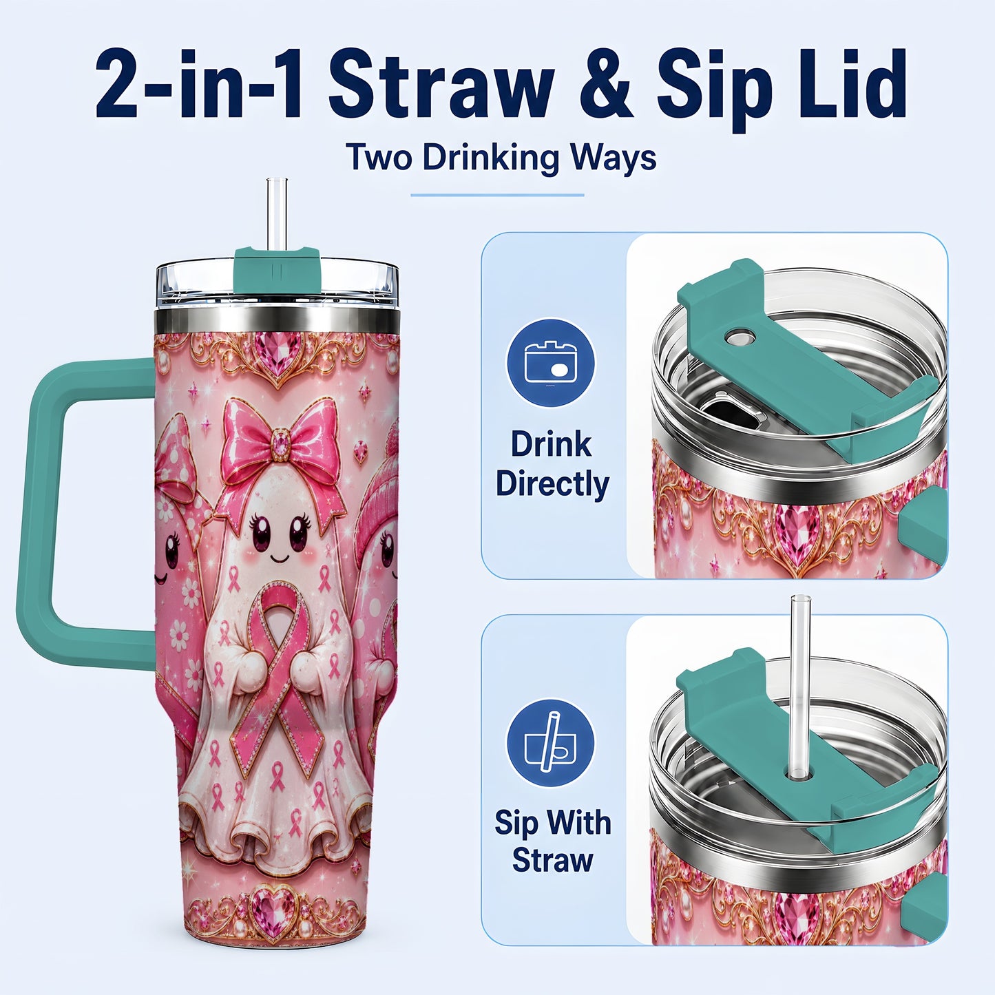#pl[40oz|Green] Awareness Ribbon Ghost Trio 40oz Tumbler with Handle, Stainless Steel Cup