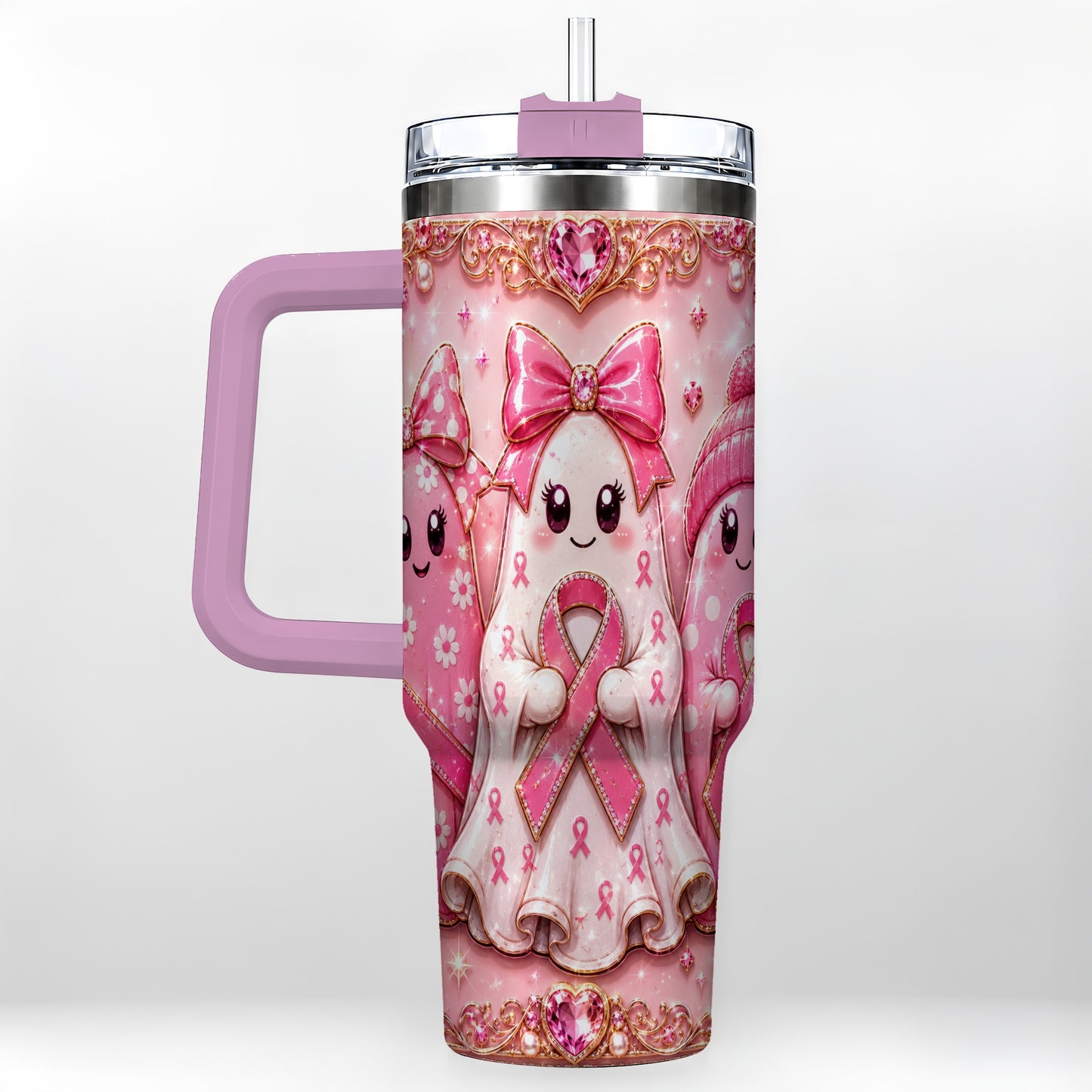 #pl[40oz|Pink] Awareness Ribbon Ghost Trio 40oz Tumbler with Handle, Stainless Steel Cup