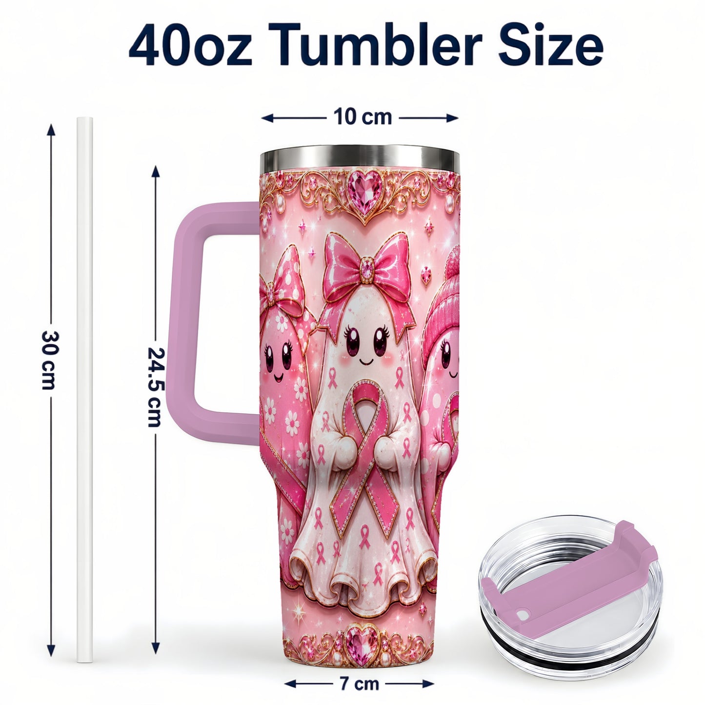 #pl[40oz|Pink] Awareness Ribbon Ghost Trio 40oz Tumbler with Handle, Stainless Steel Cup
