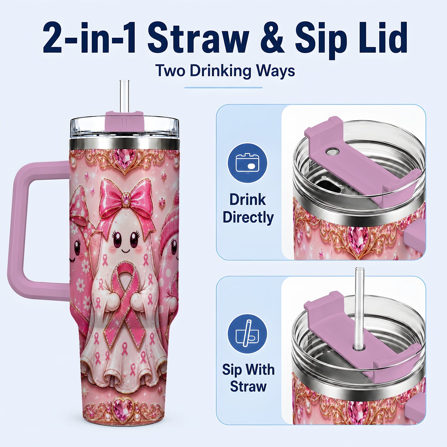 #pl[40oz|Pink] Awareness Ribbon Ghost Trio 40oz Tumbler with Handle, Stainless Steel Cup
