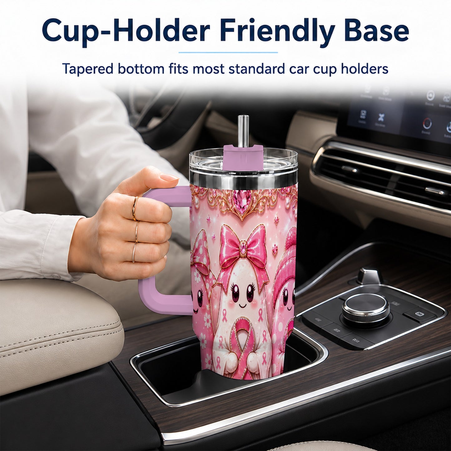 #pl[40oz|Pink] Awareness Ribbon Ghost Trio 40oz Tumbler with Handle, Stainless Steel Cup