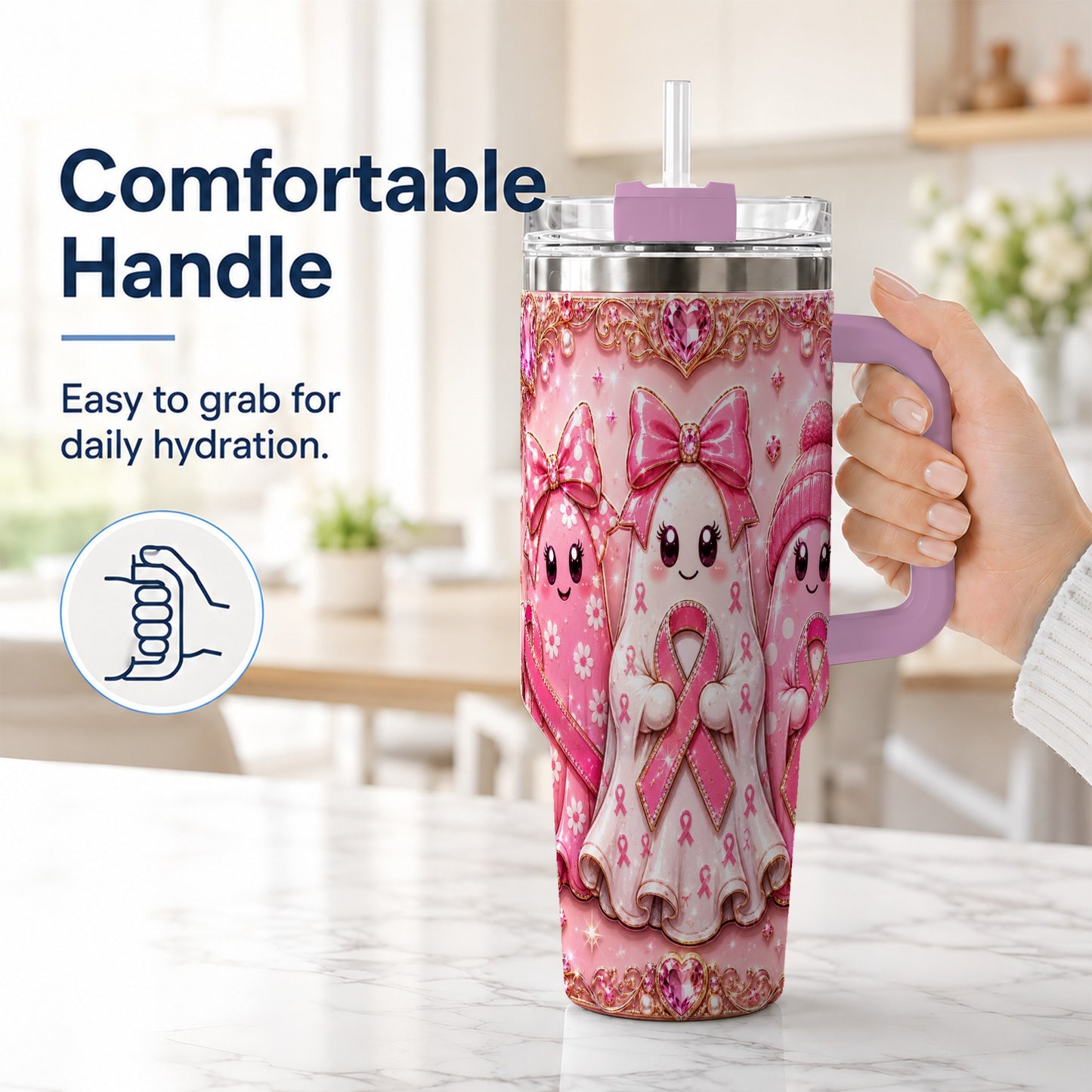 #pl[40oz|Pink] Awareness Ribbon Ghost Trio 40oz Tumbler with Handle, Stainless Steel Cup