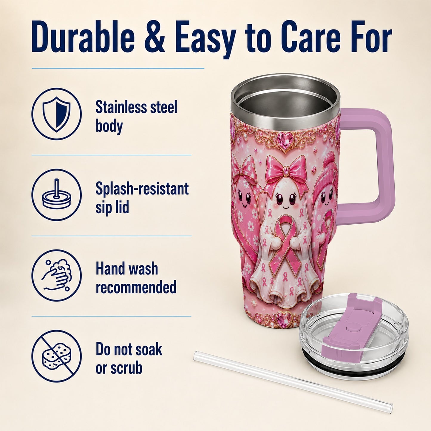 #pl[40oz|Pink] Awareness Ribbon Ghost Trio 40oz Tumbler with Handle, Stainless Steel Cup