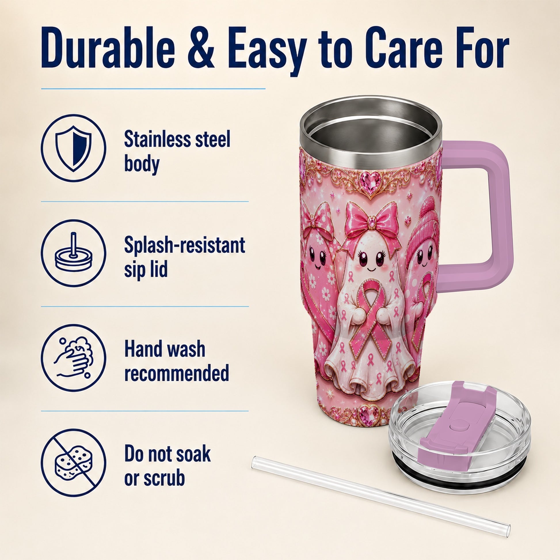 #pl[40oz|Pink] Awareness Ribbon Ghost Trio 40oz Tumbler with Handle, Stainless Steel Cup