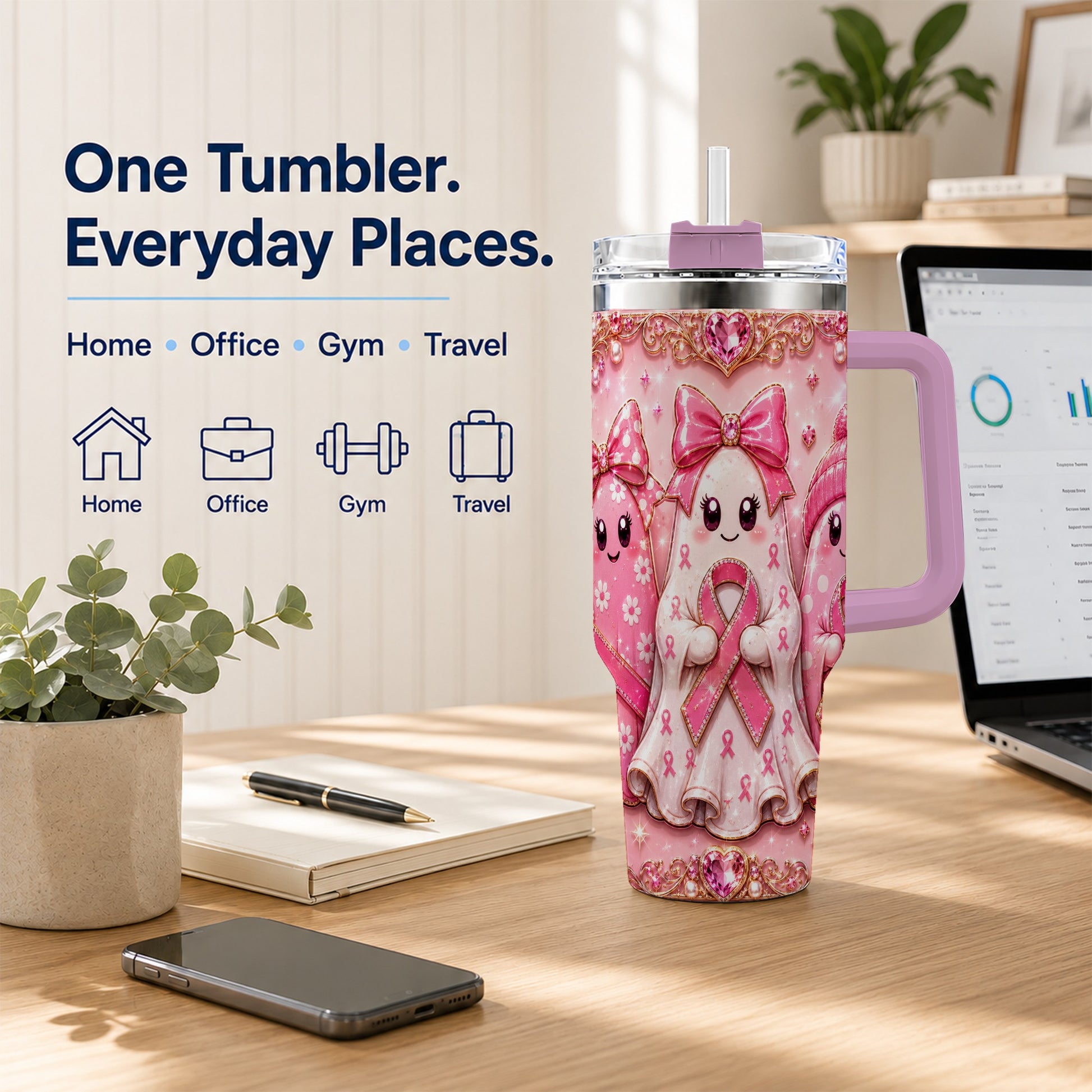 #pl[40oz|Pink] Awareness Ribbon Ghost Trio 40oz Tumbler with Handle, Stainless Steel Cup