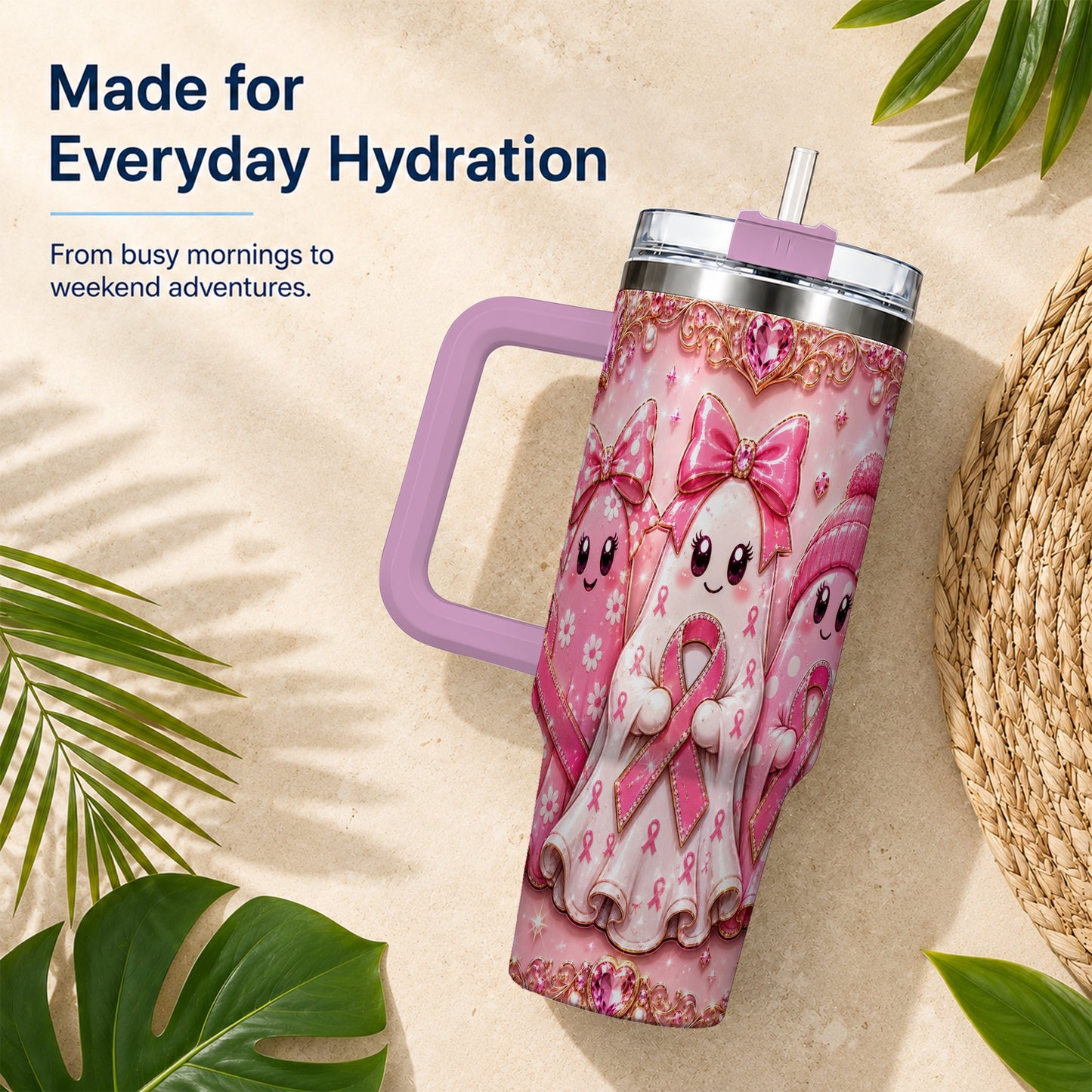 #pl[40oz|Pink] Awareness Ribbon Ghost Trio 40oz Tumbler with Handle, Stainless Steel Cup