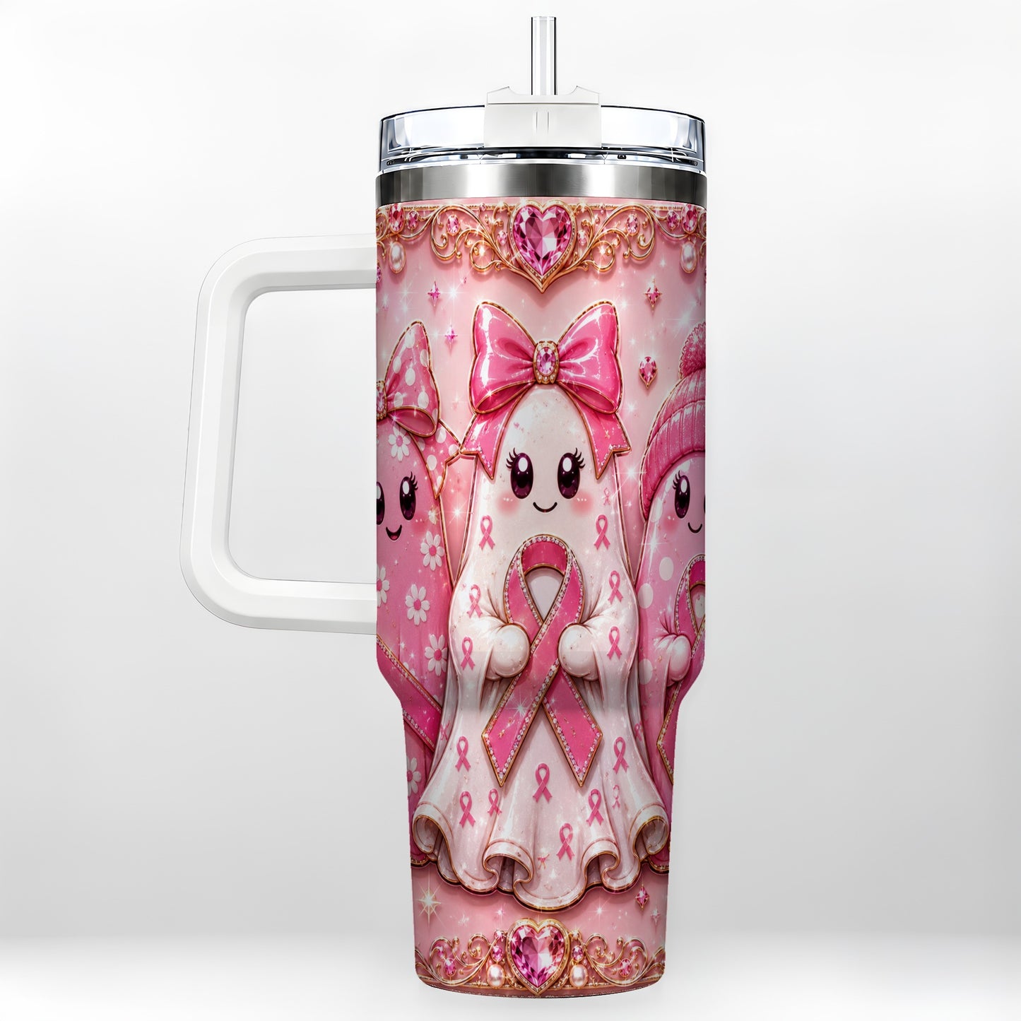 #pl[40oz|White] Awareness Ribbon Ghost Trio 40oz Tumbler with Handle, Stainless Steel Cup