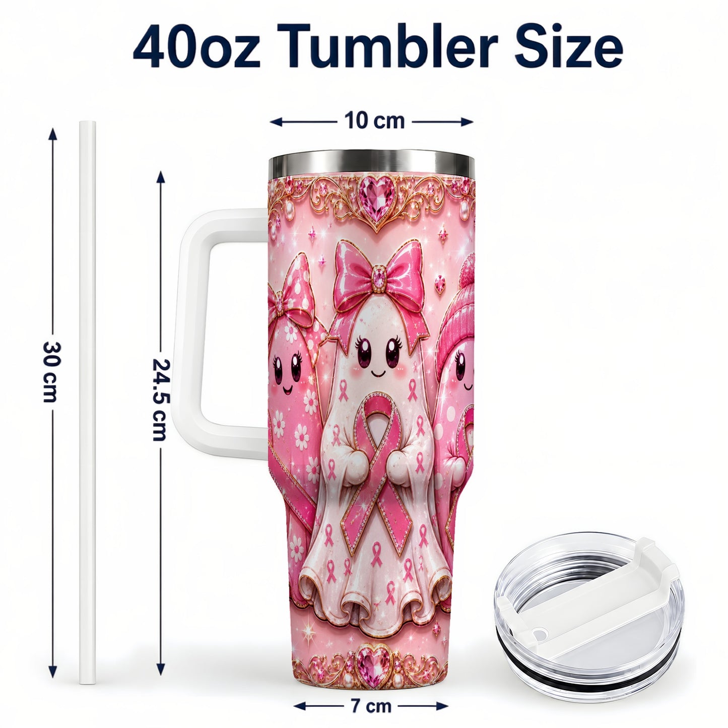 #pl[40oz|White] Awareness Ribbon Ghost Trio 40oz Tumbler with Handle, Stainless Steel Cup