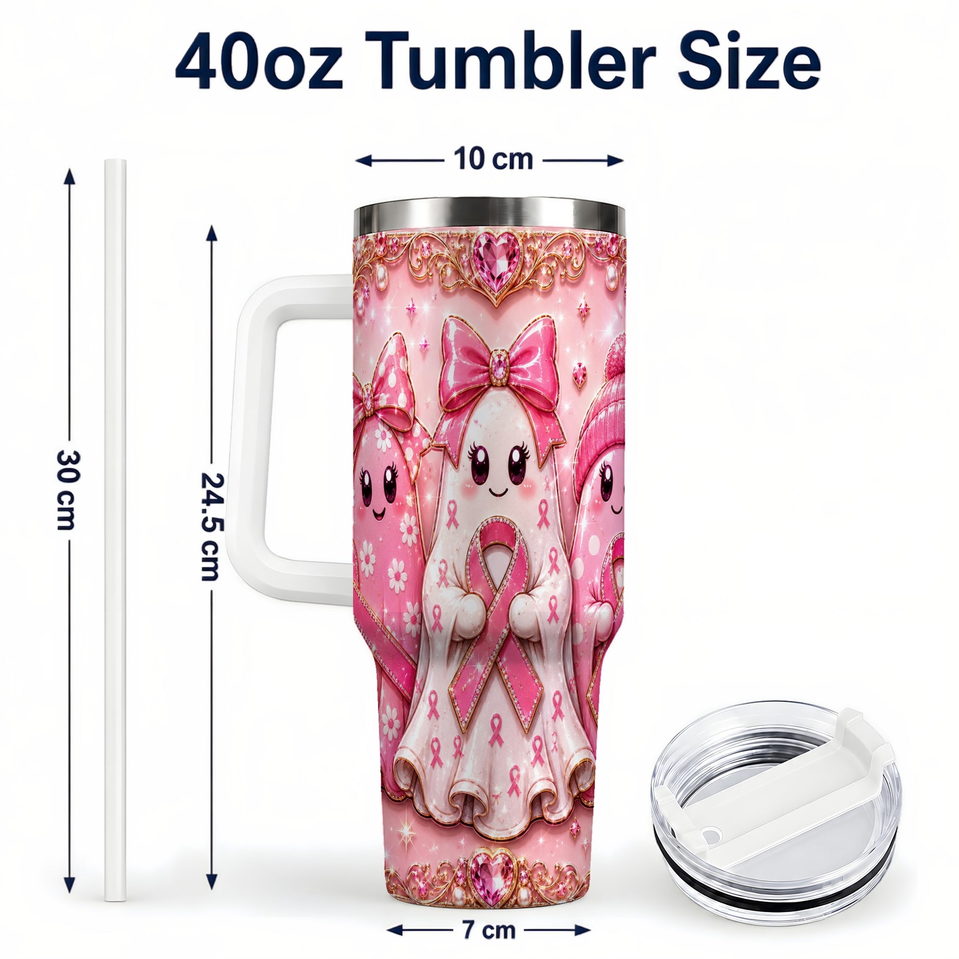 #pl[40oz|White] Awareness Ribbon Ghost Trio 40oz Tumbler with Handle, Stainless Steel Cup