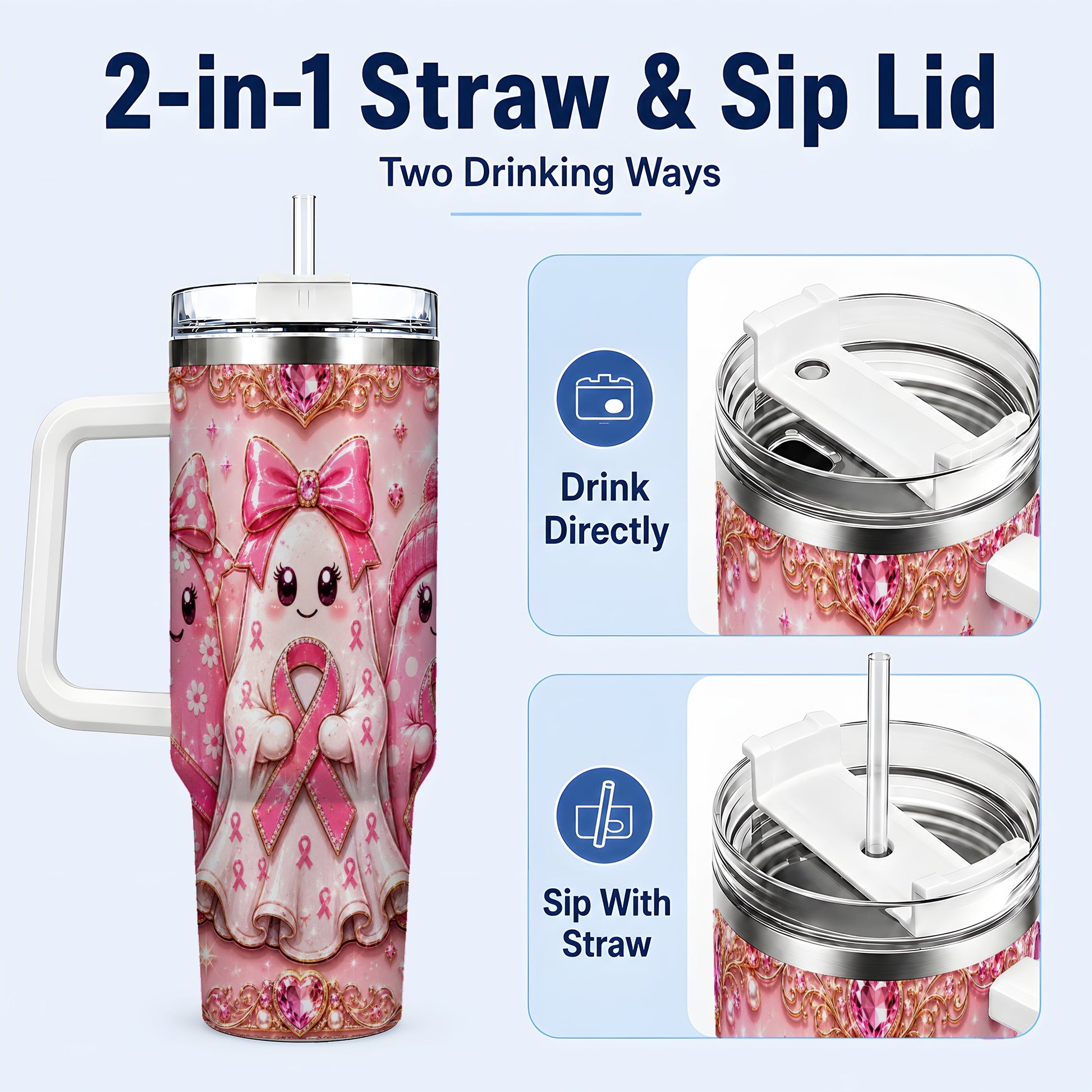 #pl[40oz|White] Awareness Ribbon Ghost Trio 40oz Tumbler with Handle, Stainless Steel Cup