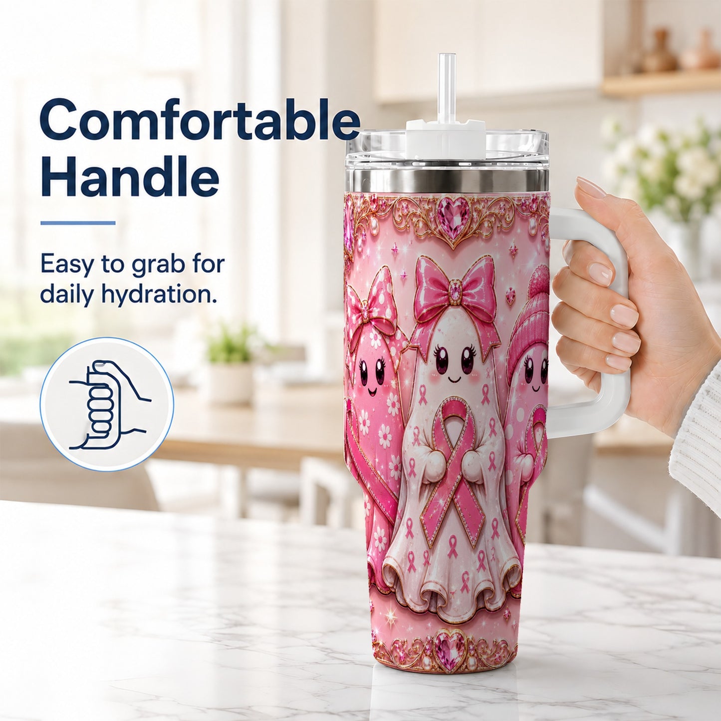 #pl[40oz|White] Awareness Ribbon Ghost Trio 40oz Tumbler with Handle, Stainless Steel Cup