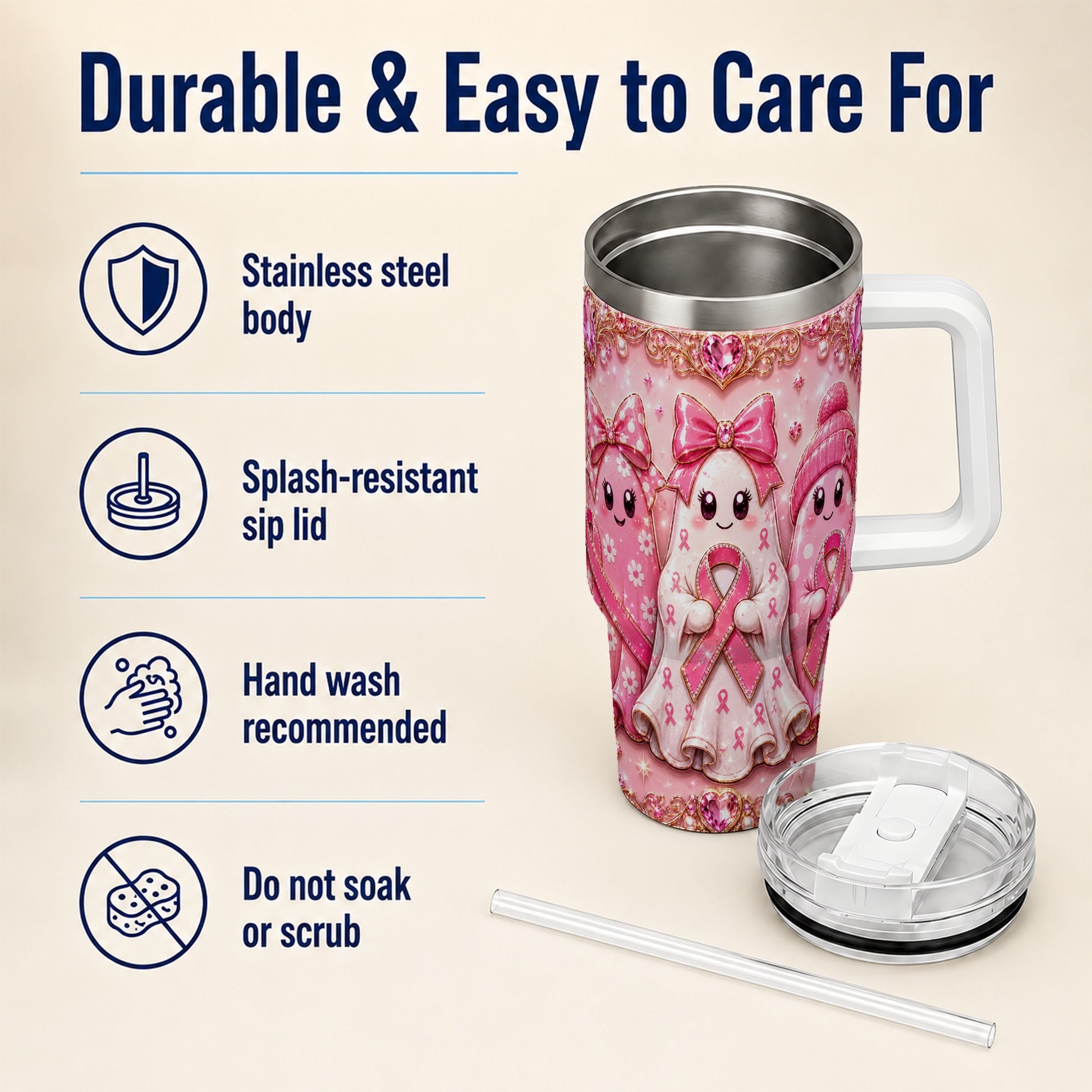 #pl[40oz|White] Awareness Ribbon Ghost Trio 40oz Tumbler with Handle, Stainless Steel Cup