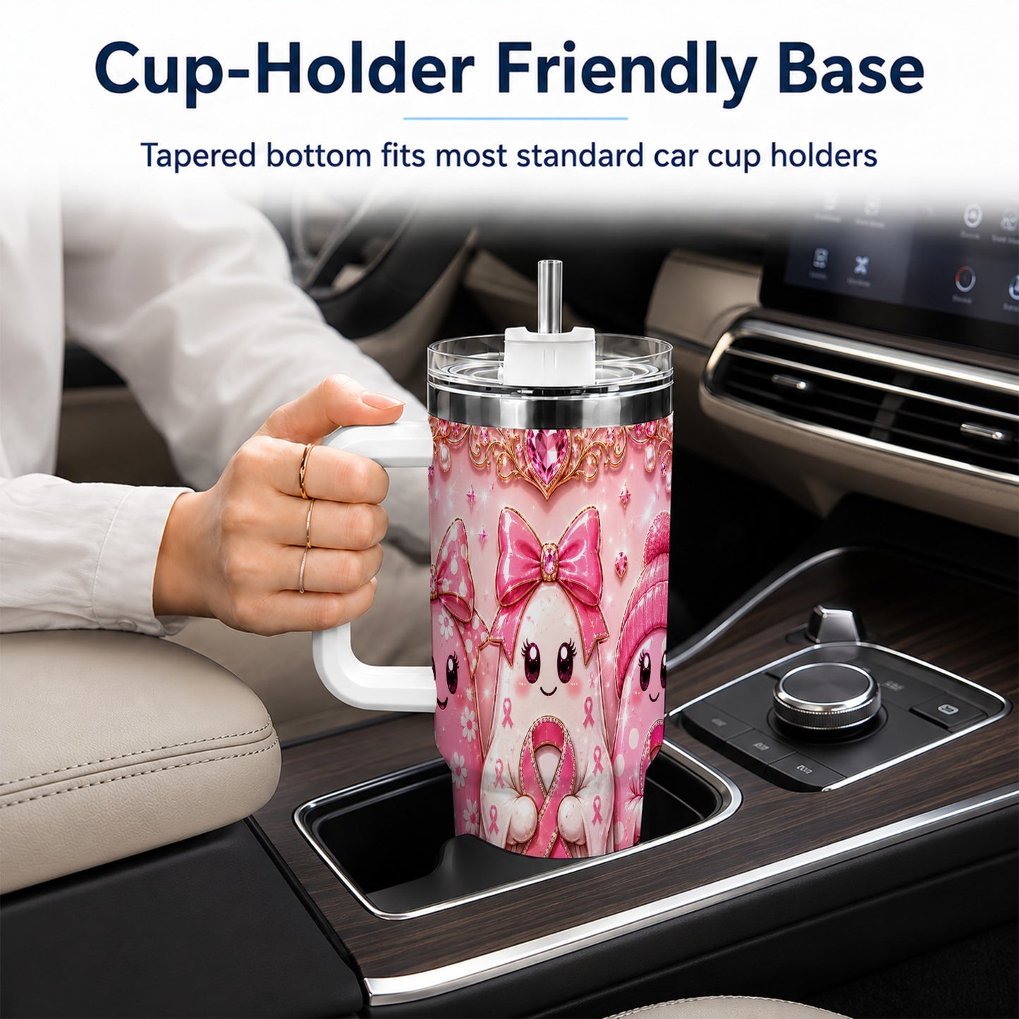 #pl[40oz|White] Awareness Ribbon Ghost Trio 40oz Tumbler with Handle, Stainless Steel Cup