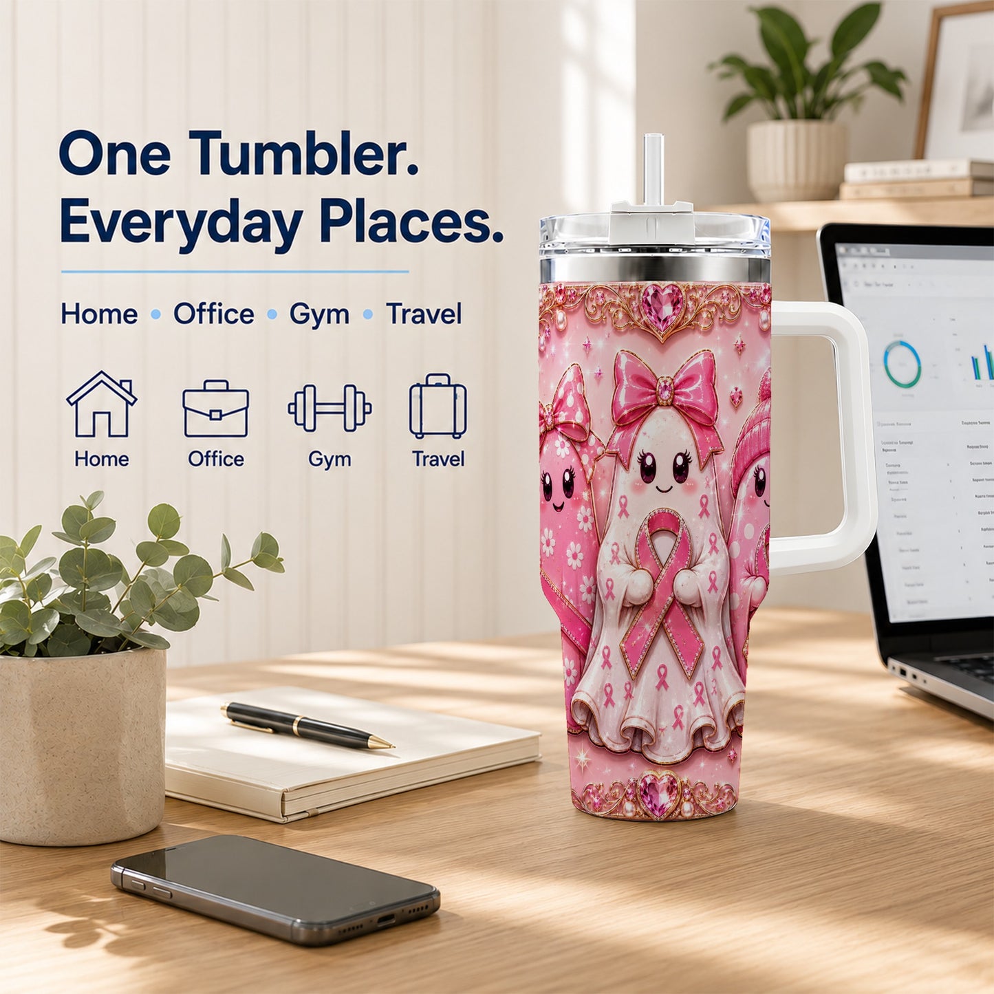 #pl[40oz|White] Awareness Ribbon Ghost Trio 40oz Tumbler with Handle, Stainless Steel Cup