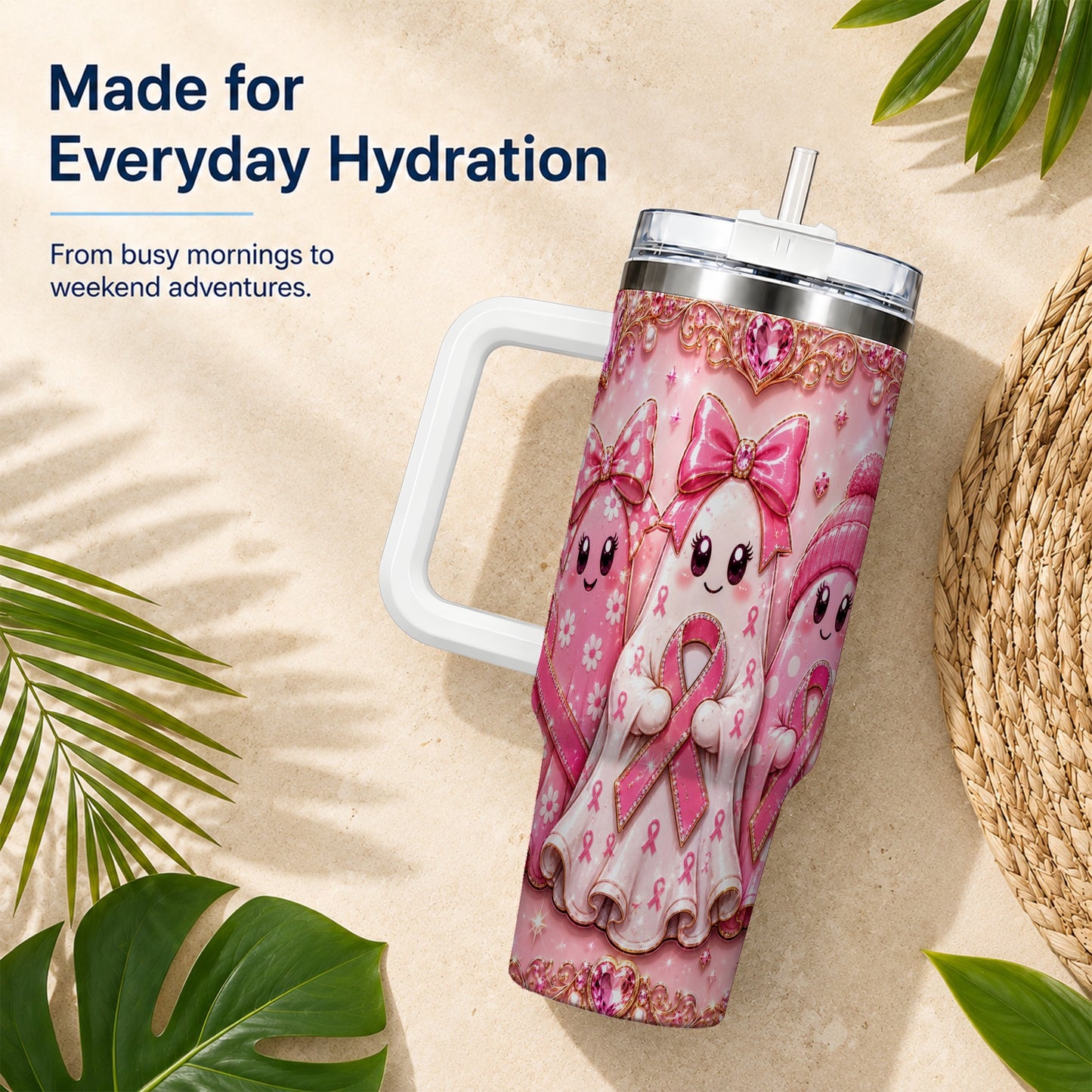 #pl[40oz|White] Awareness Ribbon Ghost Trio 40oz Tumbler with Handle, Stainless Steel Cup