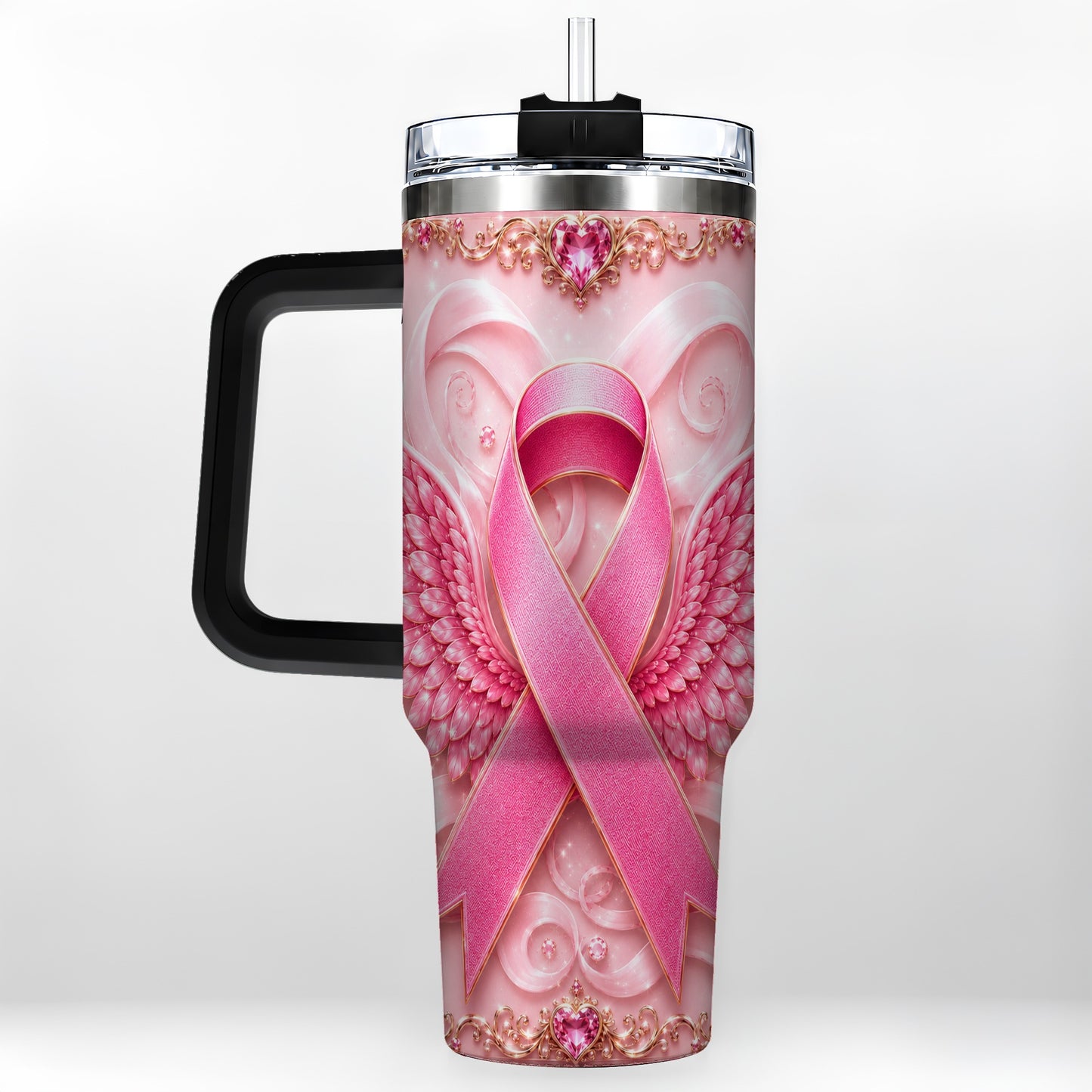 #pl[40oz|Black] Pink Ribbon Angel Wings 40oz Tumbler, Stainless Steel Travel Cup