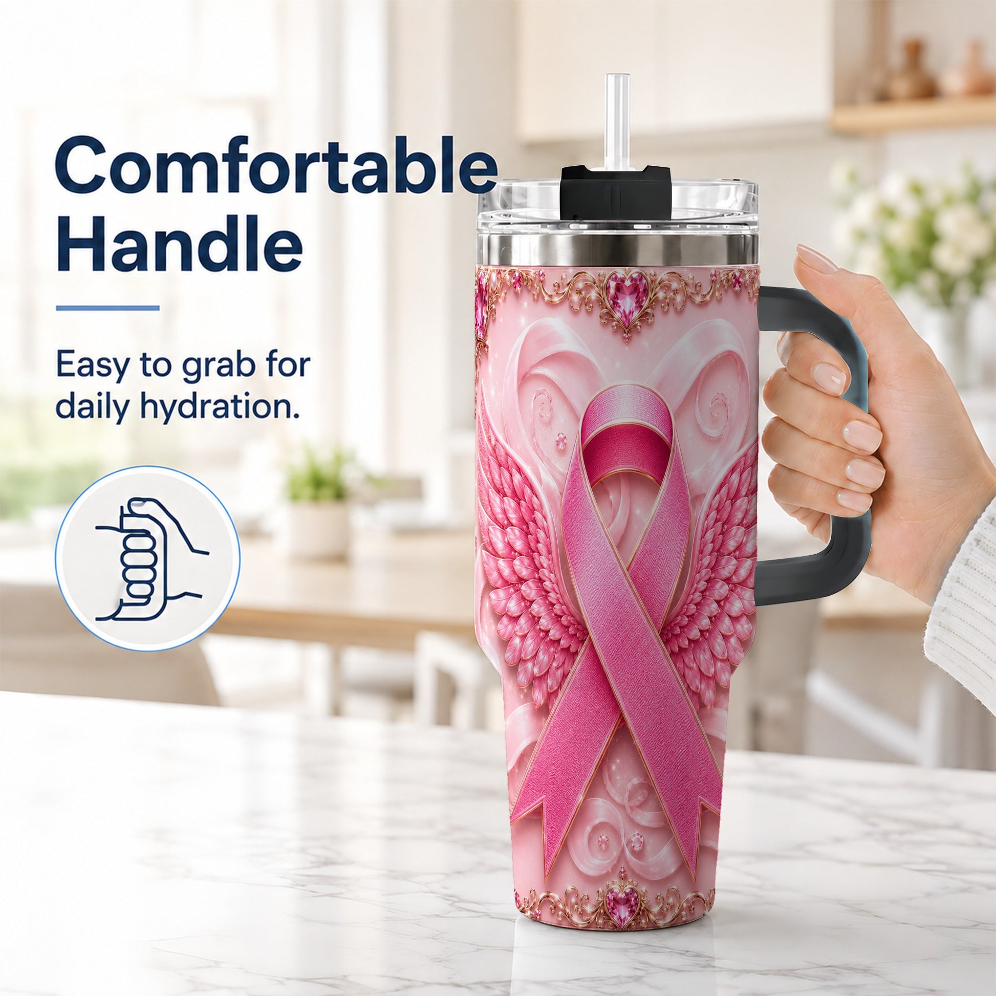 #pl[40oz|Black] Pink Ribbon Angel Wings 40oz Tumbler, Stainless Steel Travel Cup