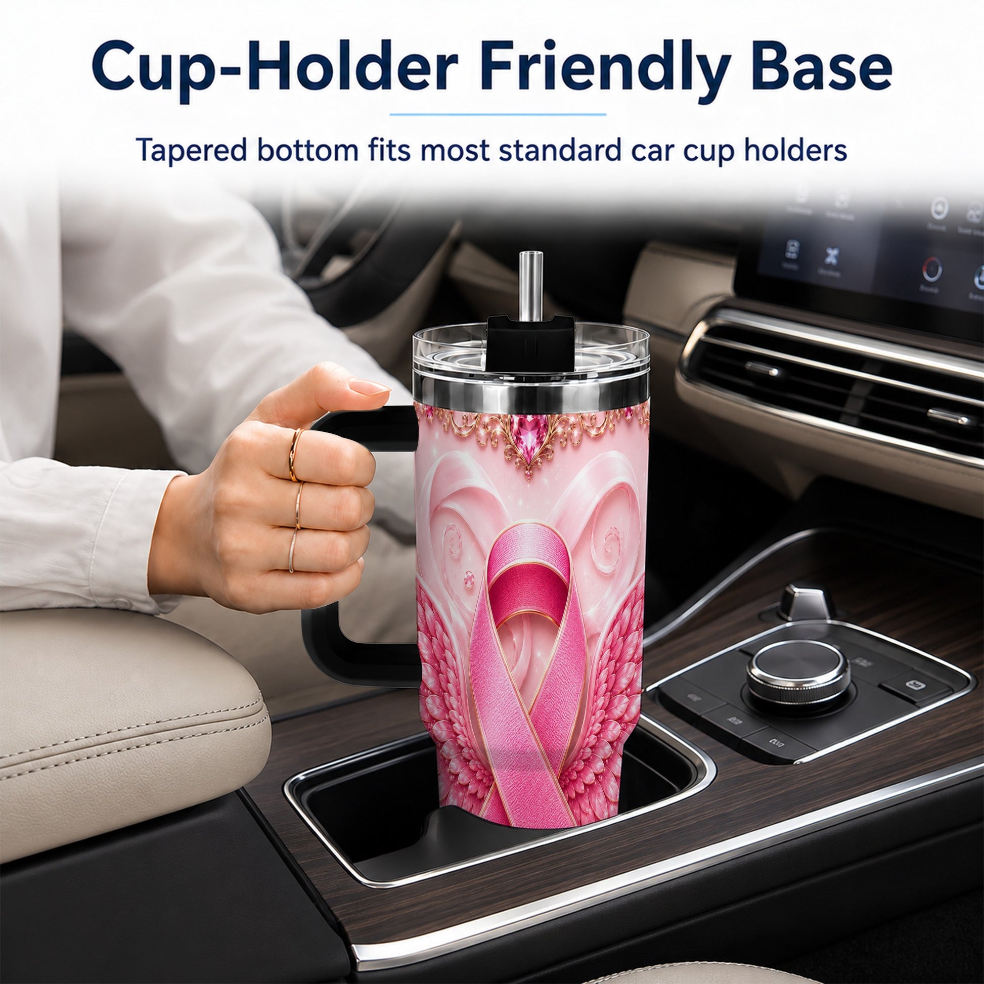 #pl[40oz|Black] Pink Ribbon Angel Wings 40oz Tumbler, Stainless Steel Travel Cup