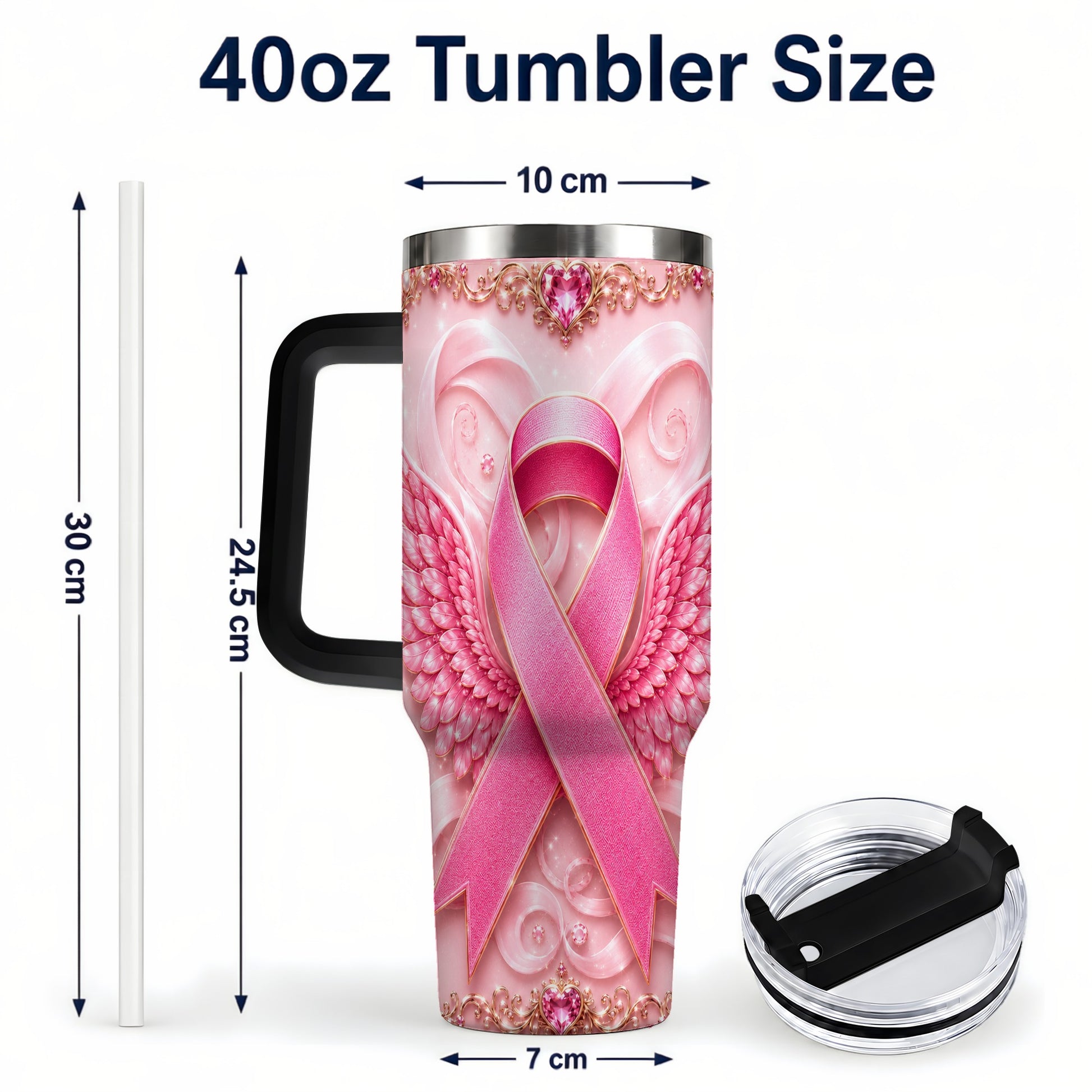 #pl[40oz|Black] Pink Ribbon Angel Wings 40oz Tumbler, Stainless Steel Travel Cup