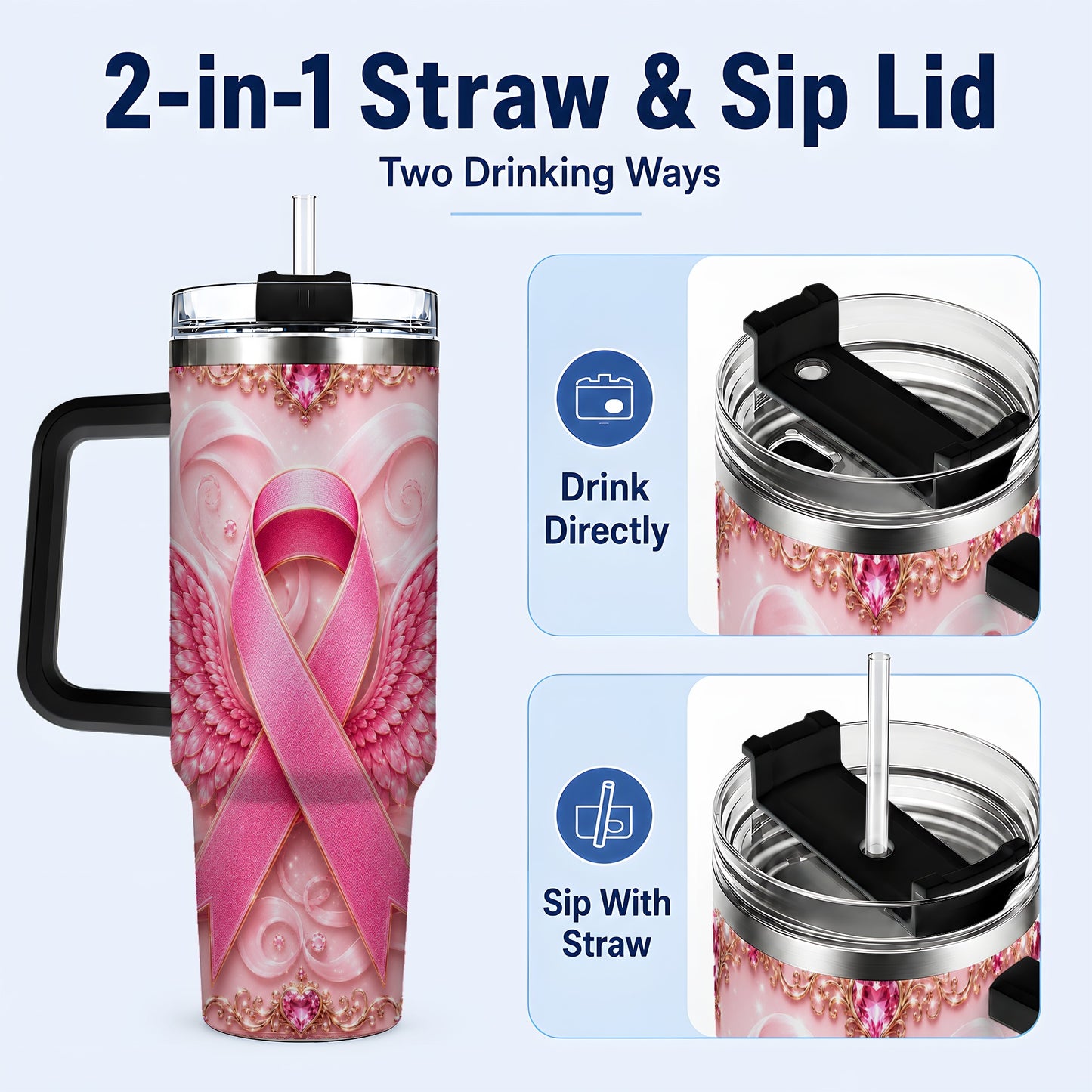 #pl[40oz|Black] Pink Ribbon Angel Wings 40oz Tumbler, Stainless Steel Travel Cup